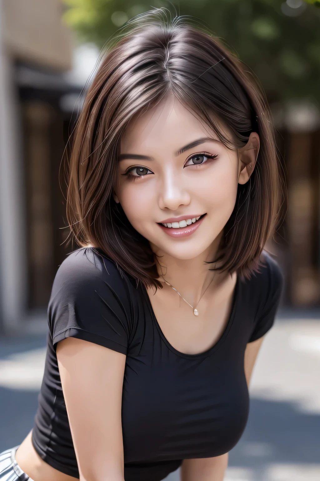 (8k, RAW Photos, highest quality, masterpiece, Realistic, Realistic), (1 female), (Ultimate beauty), Highly detailed face, (Perfect Teeth), Beautiful Eyes, double eyelid, eyelash, smile, Lip details, (Neat brunette bob), The light shines on your face, Big Breasts, ((T-Shirts)), (Tight mini skirt), (background: none), Background Blur