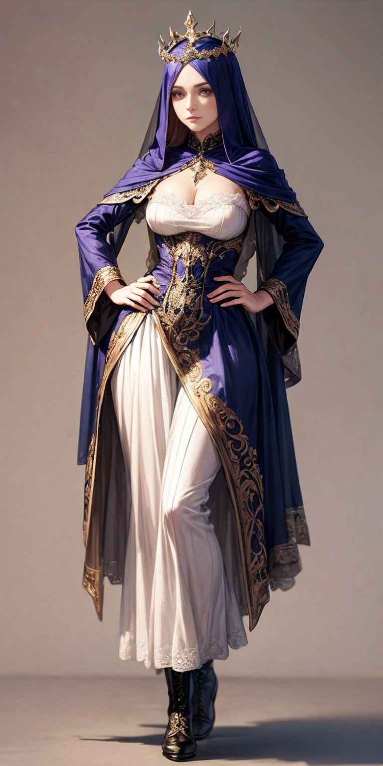 ((plain background)) full body of a woman in a dress with a veil, feet together, standing feet together, military boots, beautiful fantasy maiden slave warrior, beautiful fantasy art portrait, fantasy victorian art, medieval fantasy art, beautiful and elegant queen Roxxane, portrait of queen of light, fantasy portrait art, gothic fantasy art, a beautiful fantasy empress, hands on hips