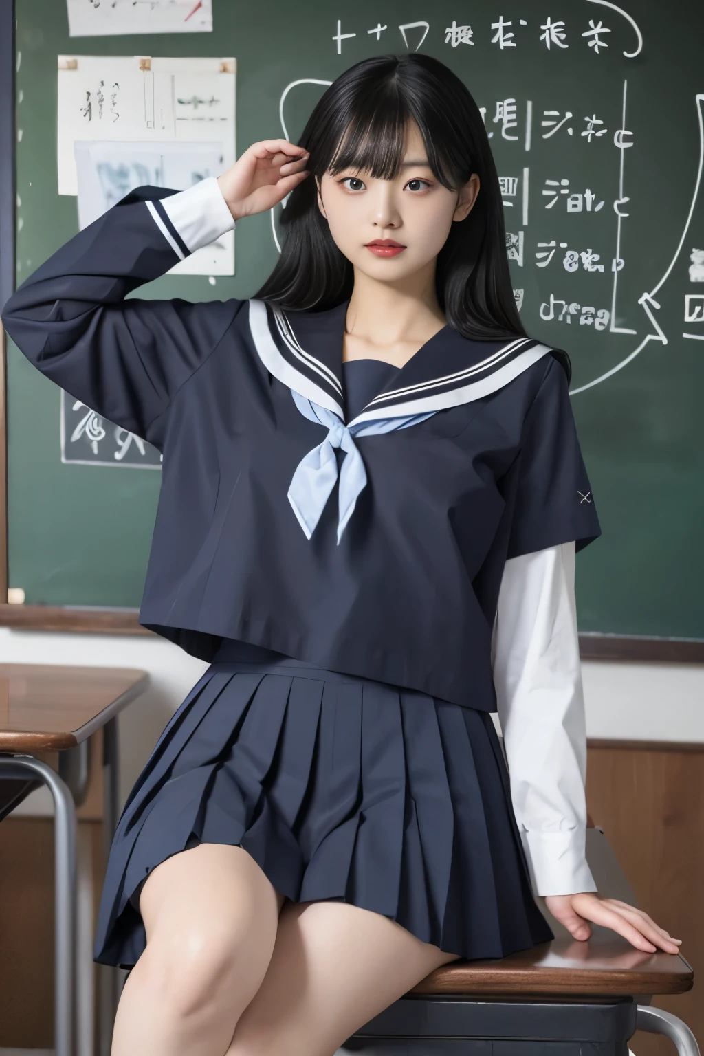 Masterpiece、highest quality、Woman 1、Super detailed Black Hair、Straight Hair Japanese school girl uniform、Sailor suit、Pleated skirt、Long skirt、erect nipples、Protruding nipples Muscular thighs classroom、blackboard