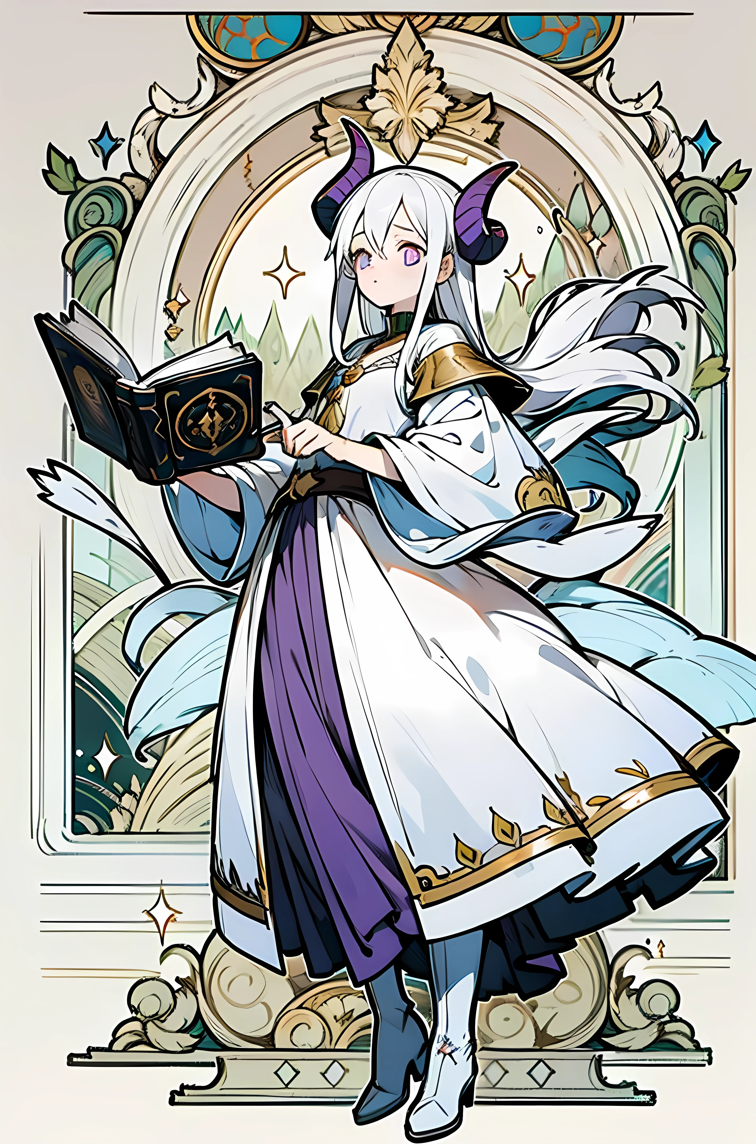 Beautiful completely white lady, purple magics eyes, magic, fantasy, fairy tales, fairy tales for children, fairy tail, white hair, magical atmosphere, magical look, little black horns, white skin, phoenix background, holding a magic book, magic book, annoying dace, tall girl, medieval nobles clothes, boots, magic accessories, magician detailed dress, large white hair, annoying expression, elegant pose