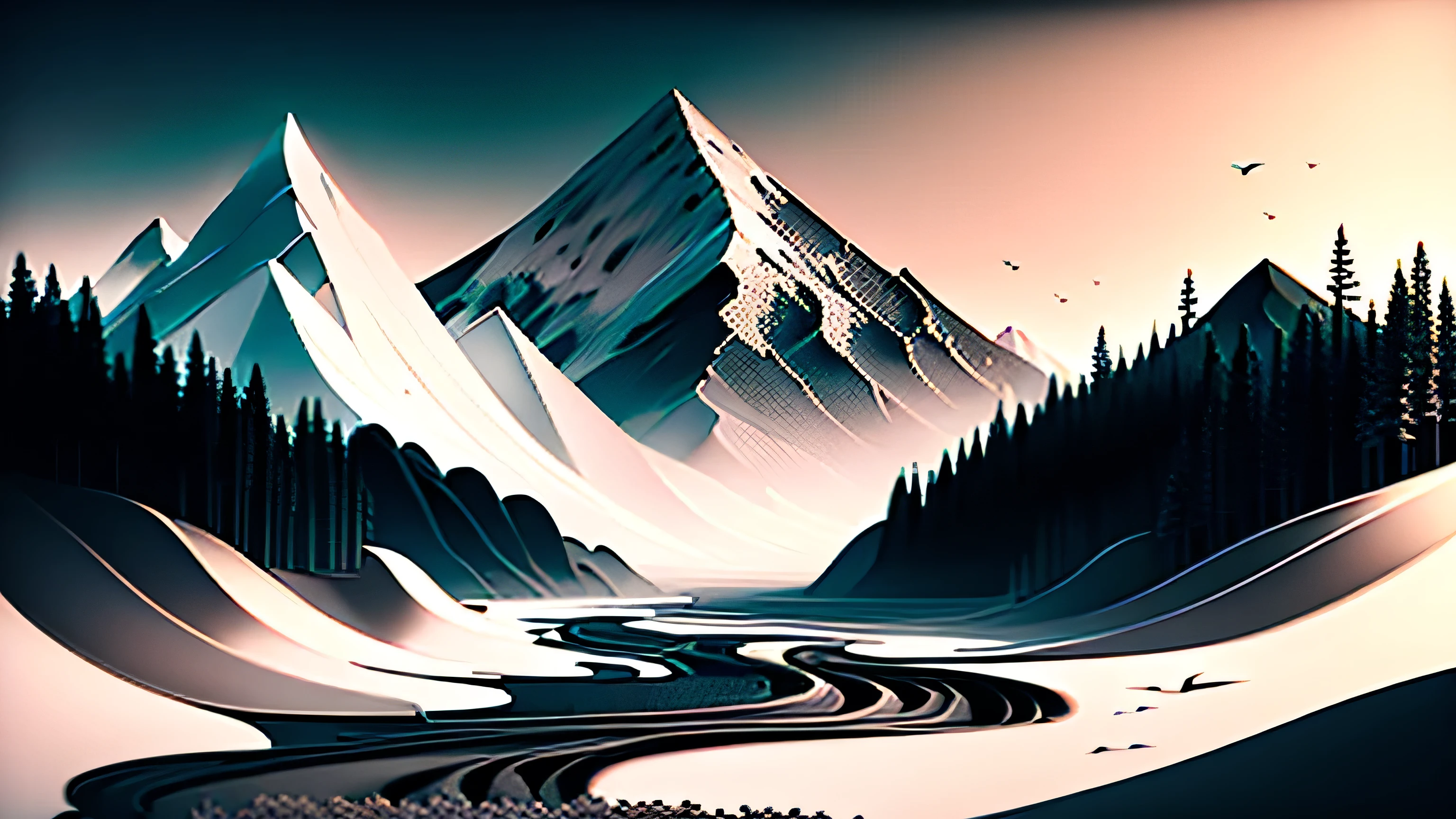 (realistic,highres,masterpiece:1.2),black and white ink landscape, detailed mountain range, intricate trees, flowing river, dramatic clouds, smooth ink strokes, contrasting shadows, ethereal atmosphere, minimalistic style, soft and subtle gradients, delicate textures, delicate vegetation, tranquil mood, precise line work, dynamic composition, immersive depth, captivating chiaroscuro, expertly rendered ink details, intricate hatching, fine lines, skillful cross-hatching, beautiful balance of light and darkness, masterful ink wash techniques, evocative sense of movement, timeless and classic aesthetic, harmonious contrast, strong sense of depth, breathtaking simplicity.