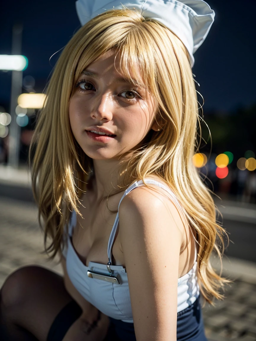 (1 lady), The beautiful, (Best quality at best:1.4), (ultra - detailed), (extremely detailed CG unified 16k), gold blonde hair, A Beautiful Woman with Perfect Figure: 1.4, Sharp Focus: 1.2, very detailed, High-definition RAW color photo, professional photoshooting, amazing face and eyes, cosmetics, (amazingly beautiful girl), ((Miyo, tall woman, taller)), ((nurse attire, nurse cap, thighhighs)), standing, sexyposture，(Stylish urban landscape, day light), (look from down), realistic cinematic face, head to feet long wide zoomed out view, full body long view, photorealistic, ((realistic natural blonde hair style, honey eyes)), gorgeous, extremely beautiful face, perfect model beauty, pout mouth, flirting smile, cleavages, city girl, western, (masterpiece),  best quality, high resolution, extremely detailed, detailed background, depth of field, cinematic lighting, amazing legs, clear and well-cared skin, big ass, round ass, athletic, big proportions body, looking at viewer