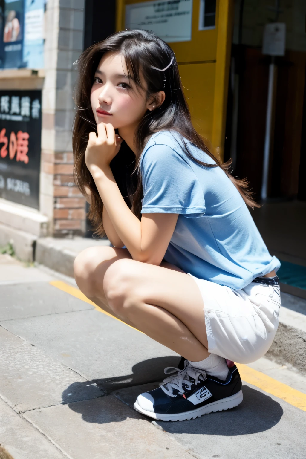 ((highest quality)), ((masterpiece)), Urban sidewalks,beautiful girl,Rear view crouching,Long Hair,My hair is curled,Black Hair,Hair luster々,Shorts,Summer clothing,noon,