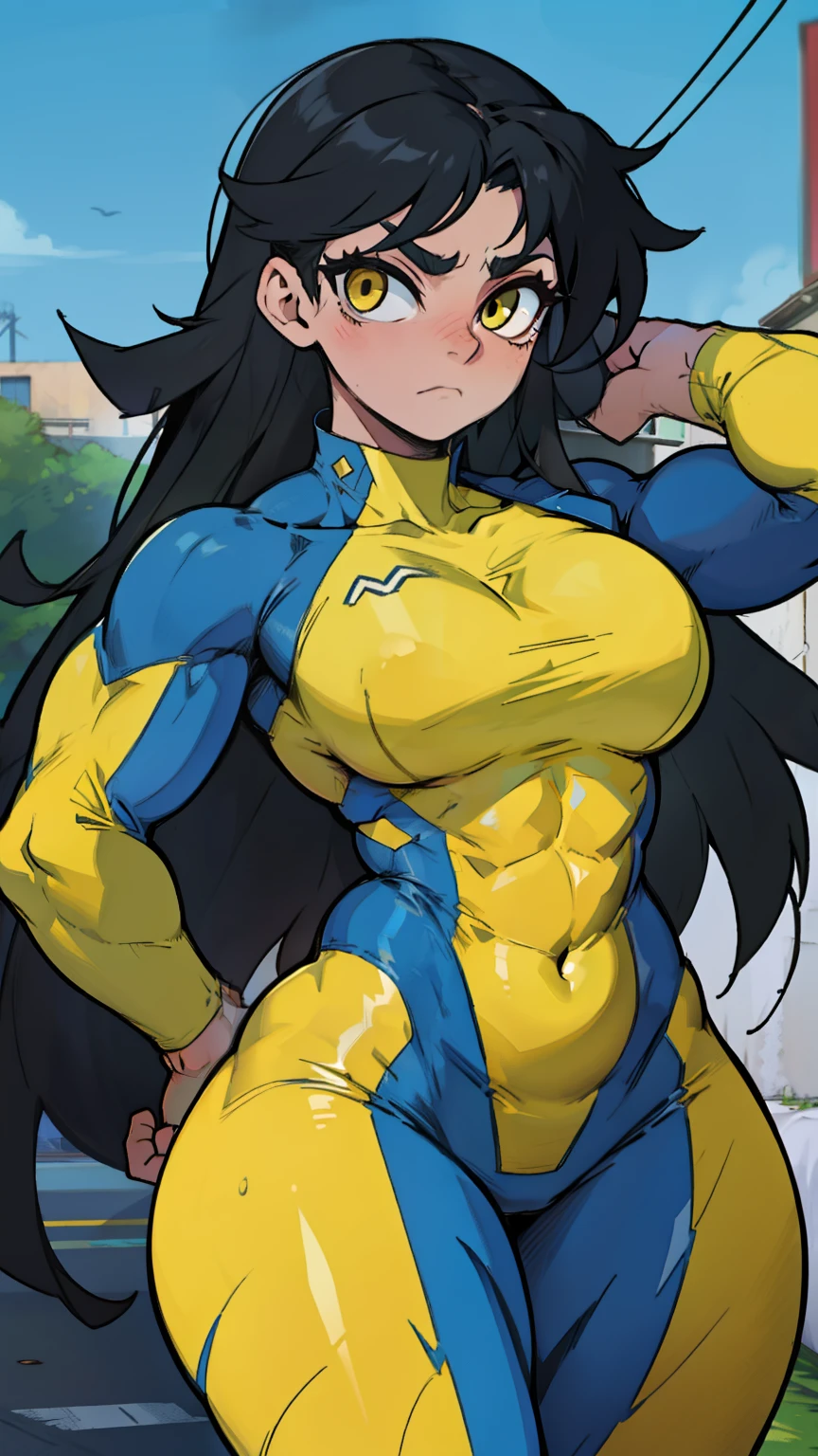 wide hips curvy thick thighs voluptuous large breasts muscular toned body black hair pale skin yellow eyes skintight suit expressionless sad thick thick thick extremely long hair