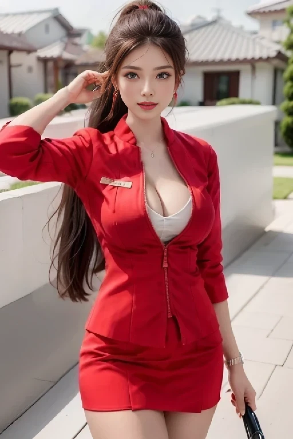 AirAsia red jacket uniform、Long hair down to the legs、Dark brown hair、Hair tied up、Tie your hair back in a ponytail、ponytail、Red rubber band、Luxury earrings、Captivating look、Blue Eyes、Young Asian Woman、