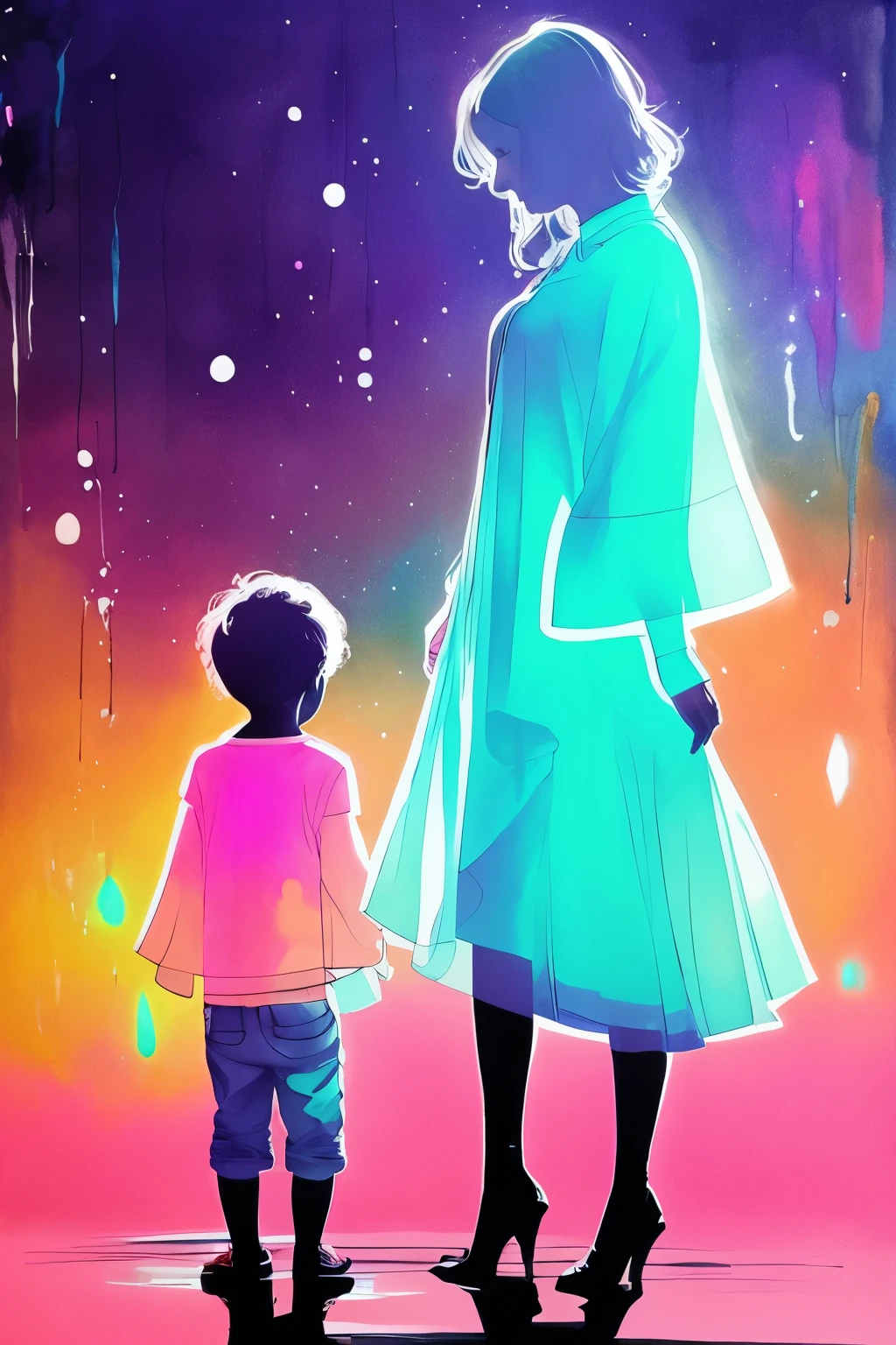 mother and little boy,luminous design, pastel colours, ink drips, spring lights