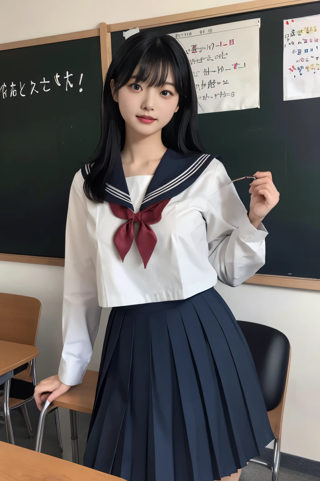 Masterpiece、highest quality、Woman 1、Super detailed　Black Hair、Straight Hair　Japanese school girl uniform、Sailor suit、Pleated skirt、Long skirt、erect nipples、Nipples、Chest、Nipples are visible　Muscular thighs　classroom、blackboard