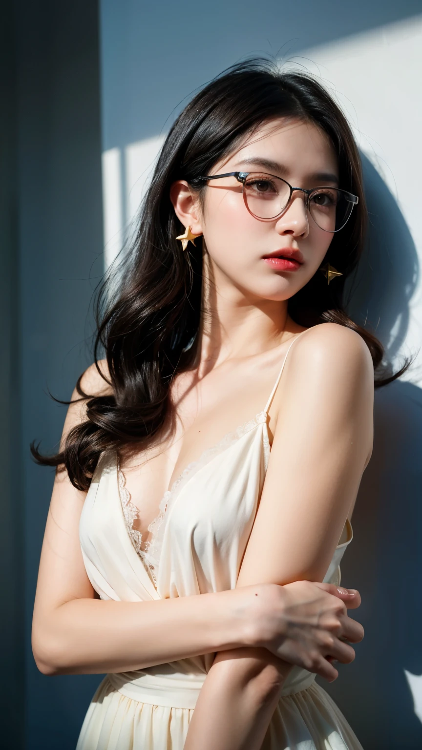 Black hair, glasses, stud earrings, vintage, feminine, 8k, masterpiece, best quality, excellent detail) , (high saturation, best shadows, best light, extremely delicate bleaching) dark style