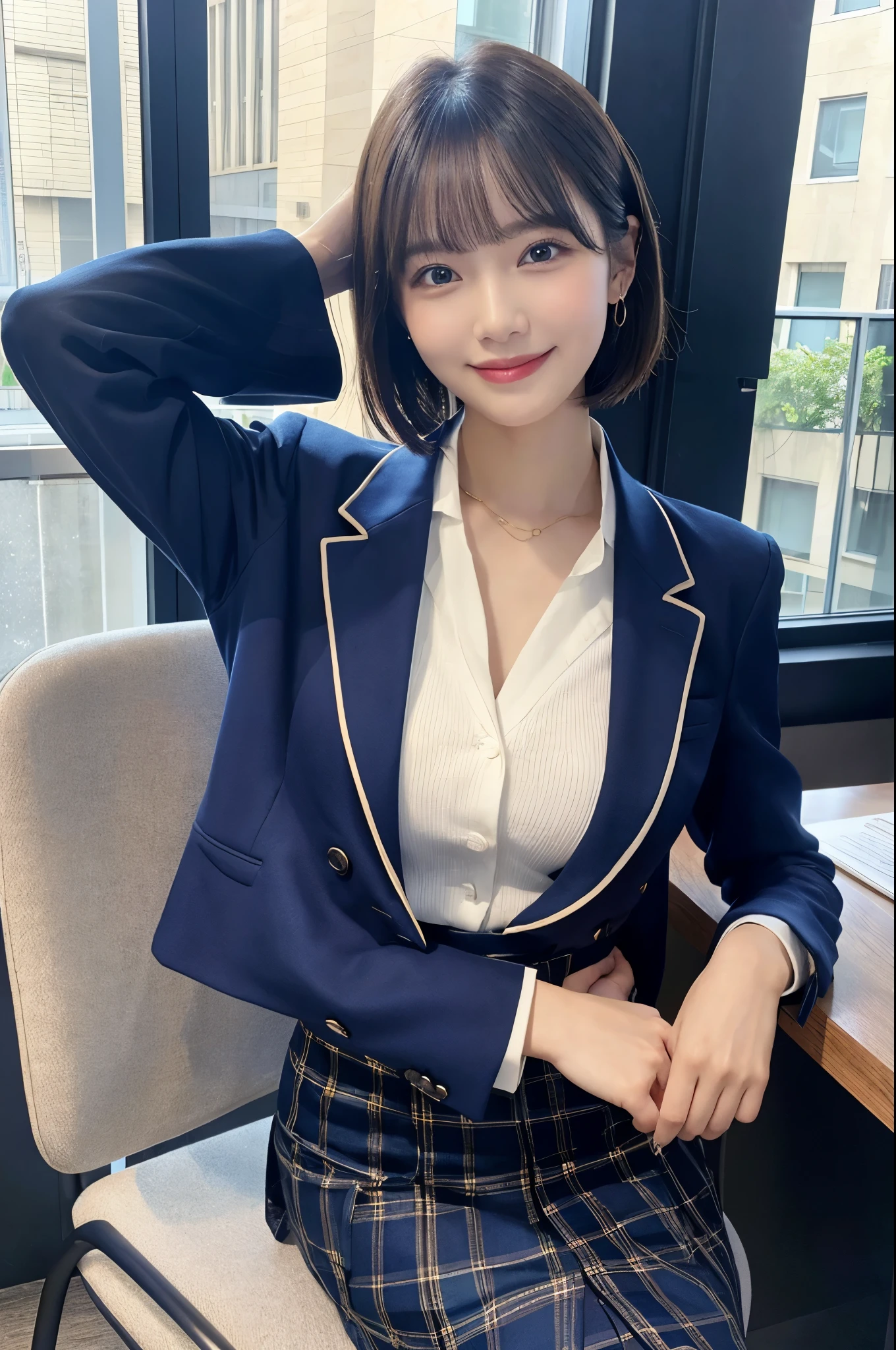A begging woman、Very short hair、noon、window、Office chair、Meeting room background、Navy blue jacket、Short skirt、beauty secretary、(Very large breasts、Very thin and long legs、Perfect figure、High heels、whole body、Big smile)、1 female、No makeup、17 years old、(masterpiece、8K,RAW Photos、High resolution:1.4)