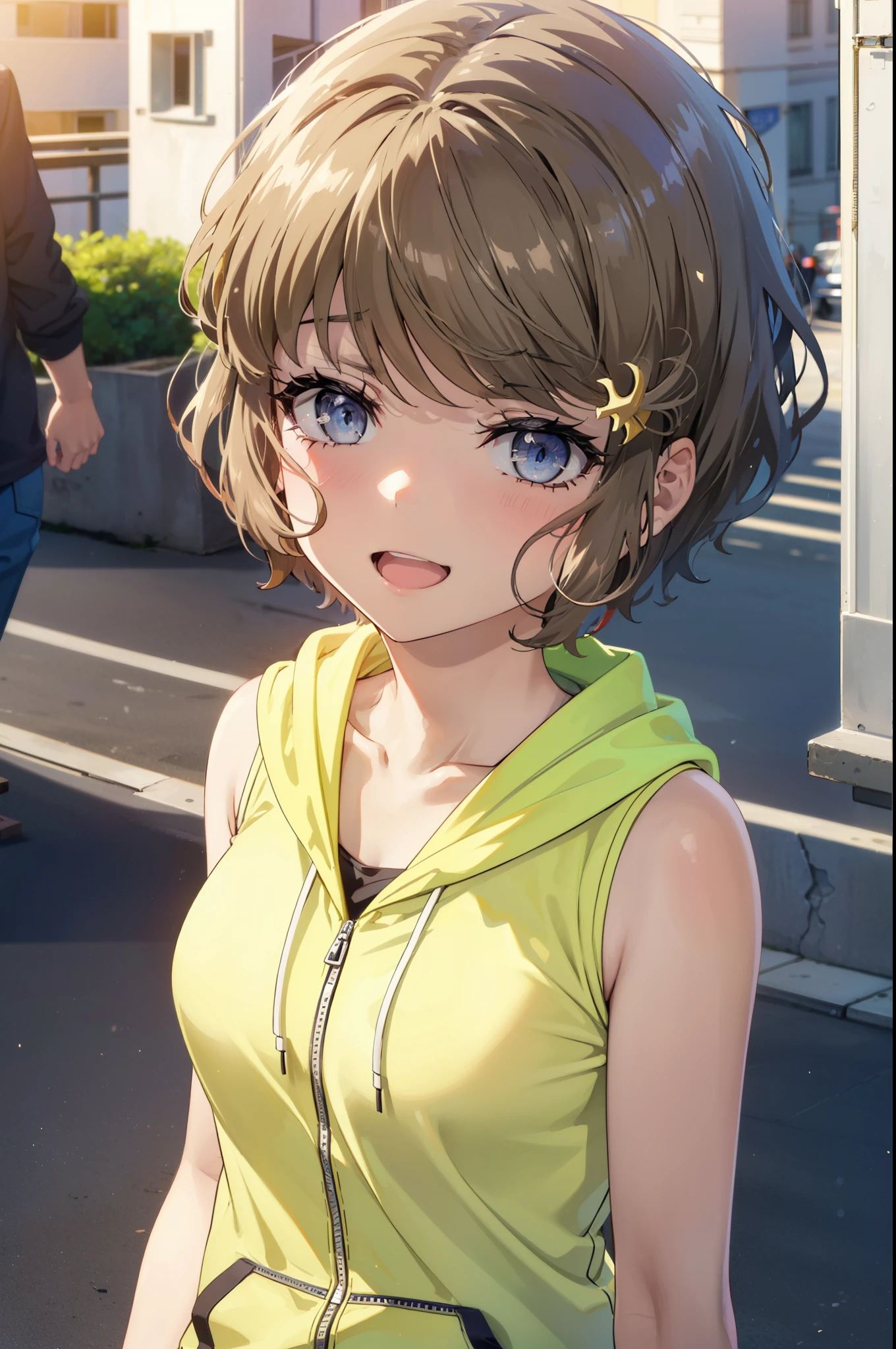 tomoekoga, Chie Koga, short hair, Brown Hair, blue eyes, happy smile, smile, Open your mouth,Baseball hats,Tank top shirt,Yellow hoodie　There&#39;s space in front,Short sleeve,Shorts,Black Knee High,White high top sneakers,True Summer,Daytime,whole bodyがイラストに入るように,crowd, people々々
break outdoors, In town,Coastal Road,
break looking at viewer, whole body, (Cowboy Shot:1.5), 
break (masterpiece:1.2), highest quality, High resolution, unity 8k wallpaper, (figure:0.8), (Beautiful fine details:1.6), Highly detailed face, Perfect lighting, Highly detailed CG, (Perfect hands, Perfect Anatomy),