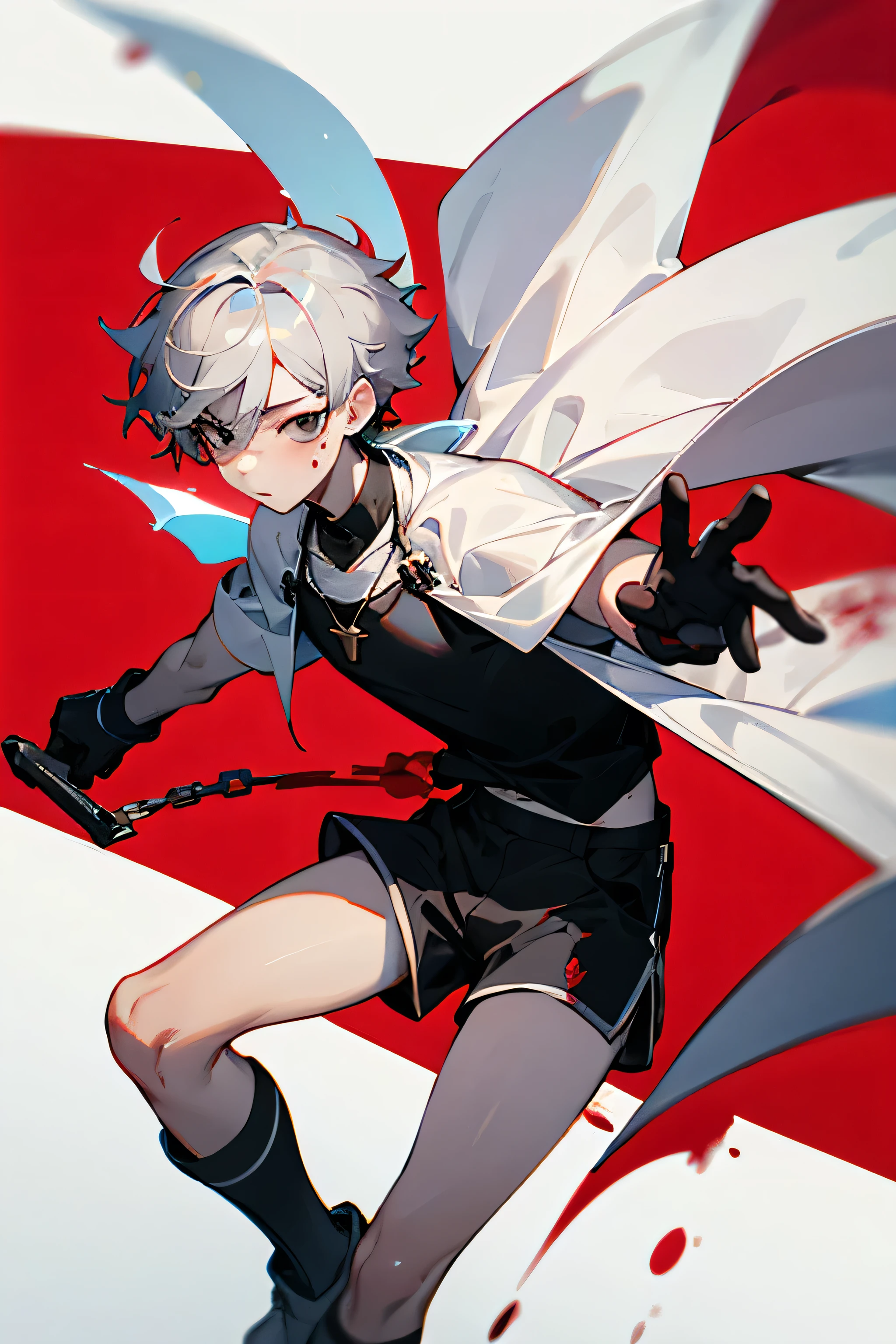 1 boy, gray hair, Red background, ultra high definition, 8K, Magic, black eyes, Short hair, sporadic, white short cape, Black shorts, black socks, White boots, necklace, black neck tee, red kitchen knife, Red, black gloves, white pupil, white blood, pink cheeks, wonderful, blood, left eye wound, dynamic, pale skin