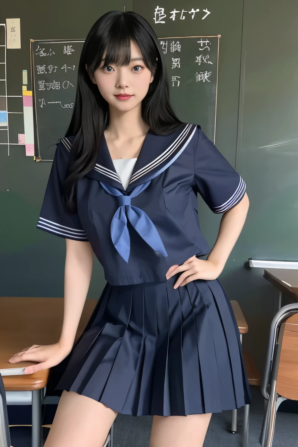 Masterpiece、highest quality、Woman 1、Super detailed　Black Hair、Straight Hair　Japanese school girl uniform、Sailor suit、Pleated skirt、Long skirt、erect nipples、Nipples、Chest、服の上にNipplesが浮き出る　Muscular thighs　classroom、blackboard