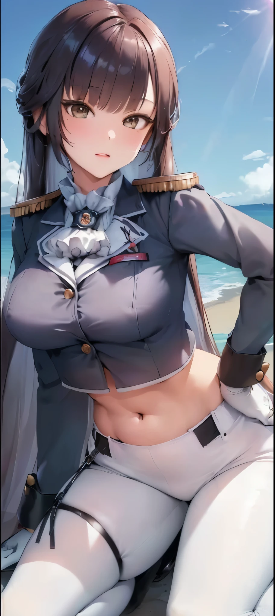 (best quality,absurd res:1.3),(illustration:1.1),perfect lighting,beautiful face,1girl,(bokeh photography:1.1),looking at viewer,(From side:1.2),city, elegant pose,
marciana, jacket, epaulettes, ascot, crop top, midriff, navel, white pants, white gloves, very long hair,