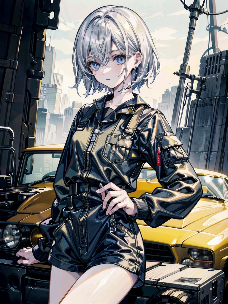 whole body, (mechanic's jumpsuit), absurdres, RAW photo, extremely delicate and beautiful, masterpiece, Best Quality, ultra high resolution, 32k, hyperrealistic, ultra-detailed, detailed description, pale skin, 20 years old, detailed beautiful face and eyes, tearful mole, earring, short medium hair, wavy hair, shorts, long sleeve,