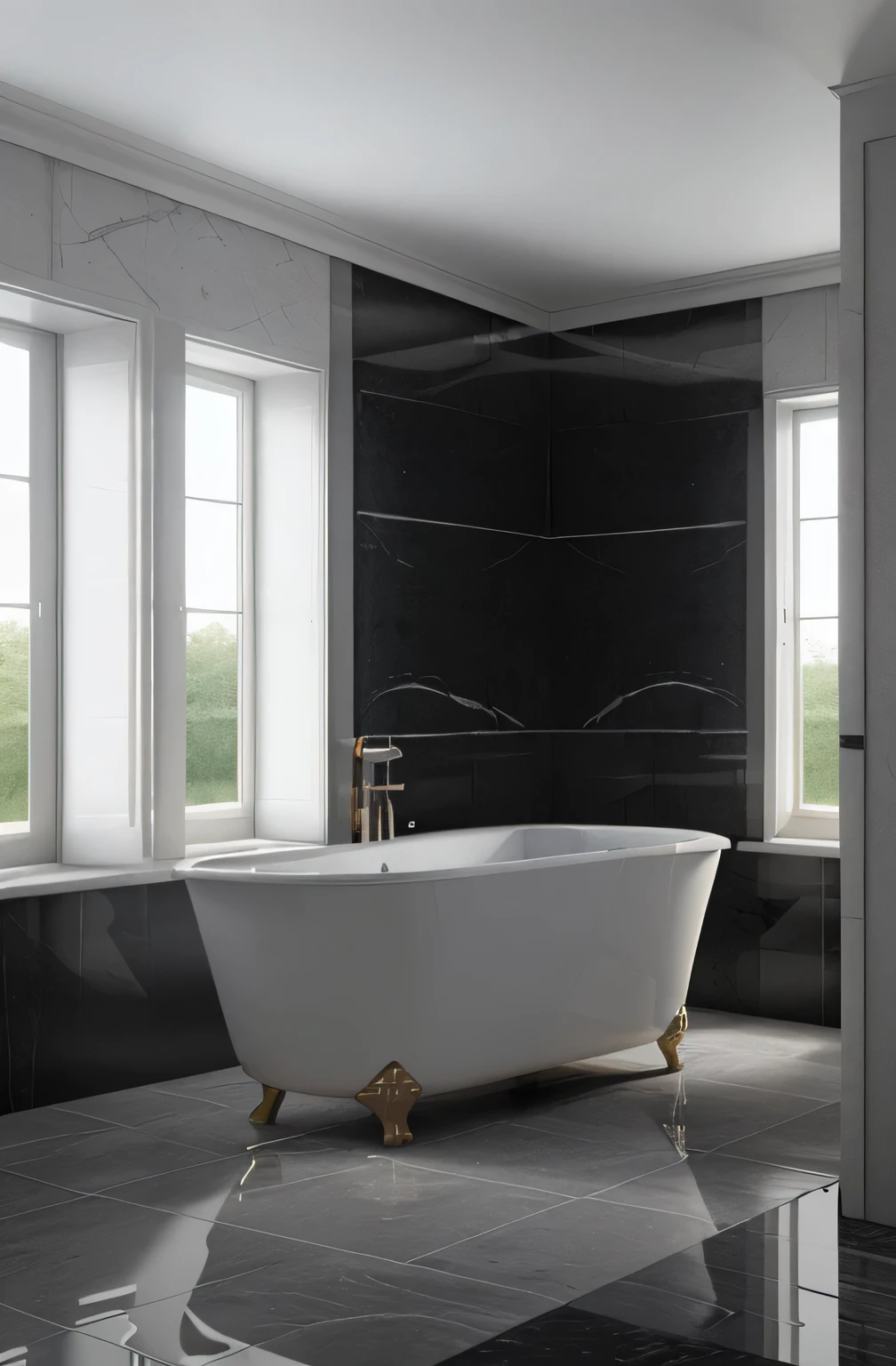 Professional 3d architecture rendering design of modern and French design for bathroom with white bathtub and toilet and black slab stone and modern windows