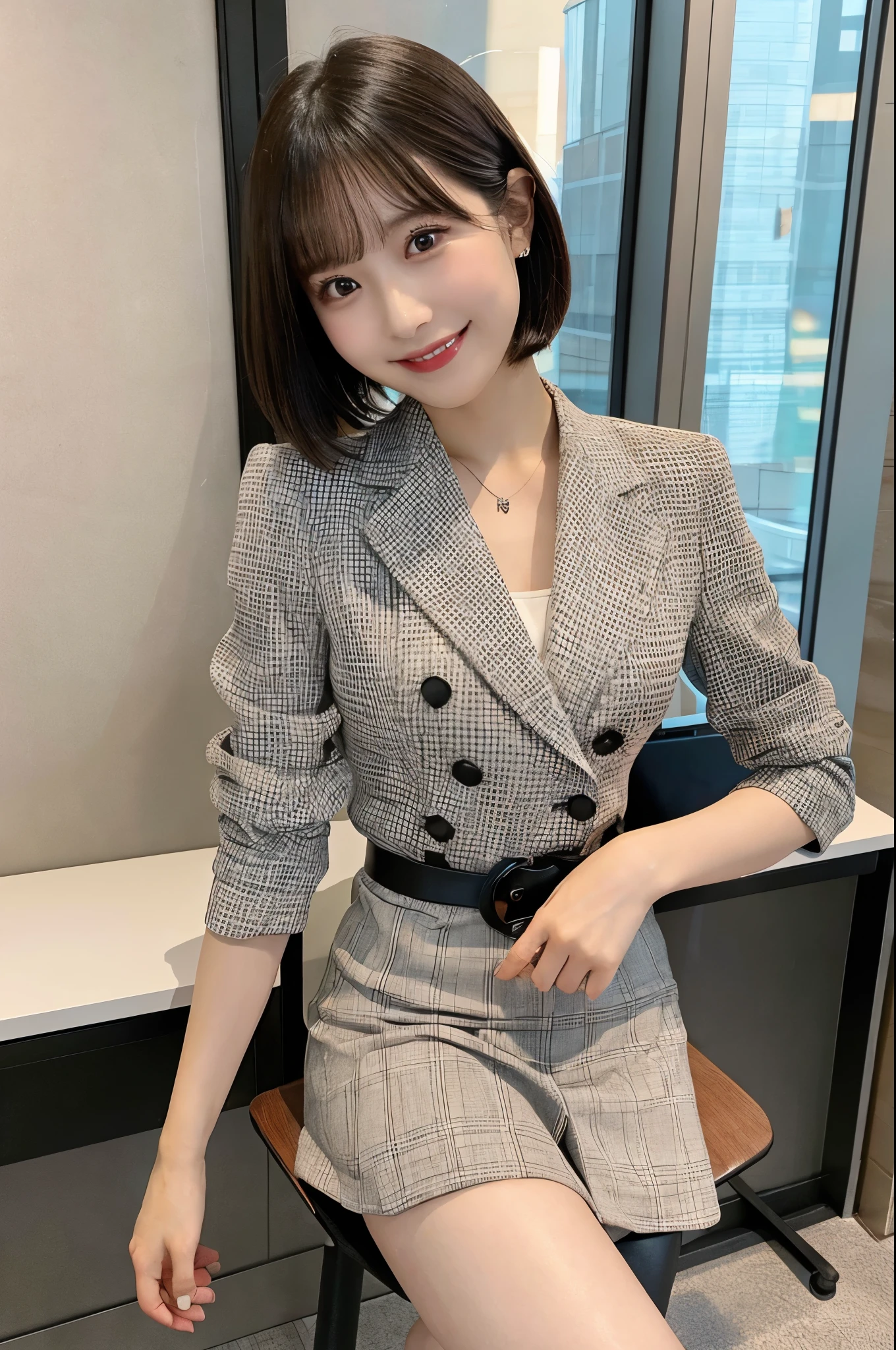 A begging woman、Very short hair、noon、window、Office chair、Meeting room background、Patterned jacket、Short skirt、beauty secretary、（Very large breasts、Very thin and long legs、Perfect figure、High heels、whole body、Big smile）、1 female、No makeup、17 years old、（masterpiece、8K,RAW Photos、High resolution:1.4）
