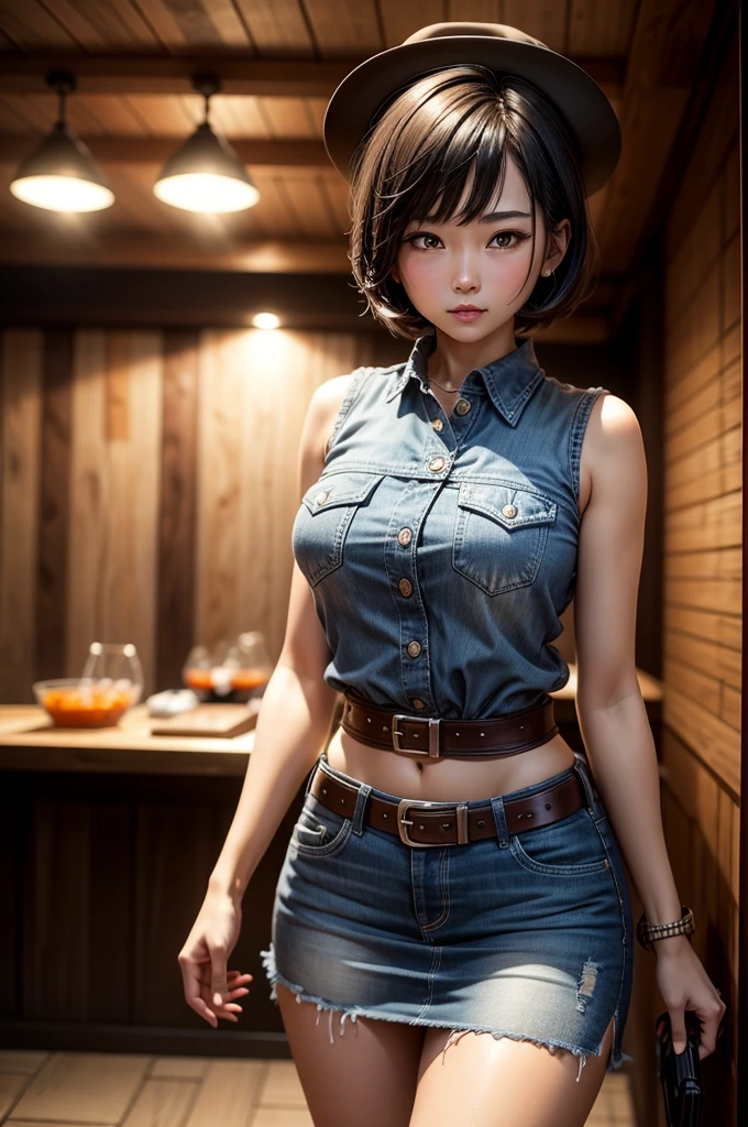 One 27-year-old girl, ((alone:1.5)),Black Short Hair,Gunfighter costume,gun belt,watch, Sleeveless collared shirt:1.8,Denim mini skirt:1.8,Ten-gallon hat, Blushing:1.2, Perfect light, 8k, masterpiece:1.2, Very detailed, Realistic:1.37, Full HD, Underground sake cellar,(Front shot:1.3),(Are standing),((Drinking whiskey)),((Being drunk:1.0))