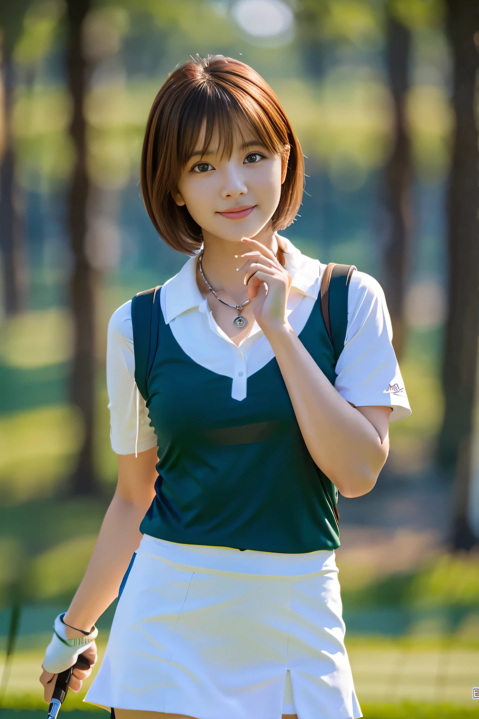 (1. Female), (The best quality at its best:1.4), (Super detailed), (Very detailed CG unified 16k), Beautiful woman with perfect figure: 1.4, Sharp focus: 1.2, Very detailed, High-quality RAW color photos, Professional photography, Great face and eyes, cosmetics, (Amazingly beautiful girl), ((Golf Wear, White mini skirt:1.5)), (Picking up the ball:1.2), Sexy posture，(Playing on the golf course:1.3), (View from below), Realistic movie faces, Wide zoomed out view of head to foot length, Full body long view, Realistic, ((Realistic natural orange red hairstyle, Realistic blue eyes)), ( Short Bob Hair:1.5), (necklace:1.5)、, Very beautiful face, Perfect model beauty, Mouth swelling, Highly detailed face and skin texture, Fine grain, double eyelid, Medium chest, smile, Crack, west, (masterpiece), highest quality, High resolution, Very detailed, Blurred Background, Depth of written boundary, Cinema Lighting, Great legs, , Clear, well-maintained skin, (((Women make up the majority of the photo)))
