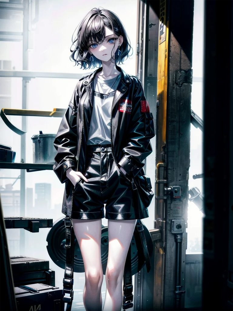 whole body, (mechanic's jumpsuit), absurdres, RAW photo, extremely delicate and beautiful, masterpiece, Best Quality, ultra high resolution, 32k, hyperrealistic, ultra-detailed, detailed description, pale skin, 20 years old, detailed beautiful face and eyes, tearful mole, earring, short medium hair, wavy hair, shorts, long sleeve,