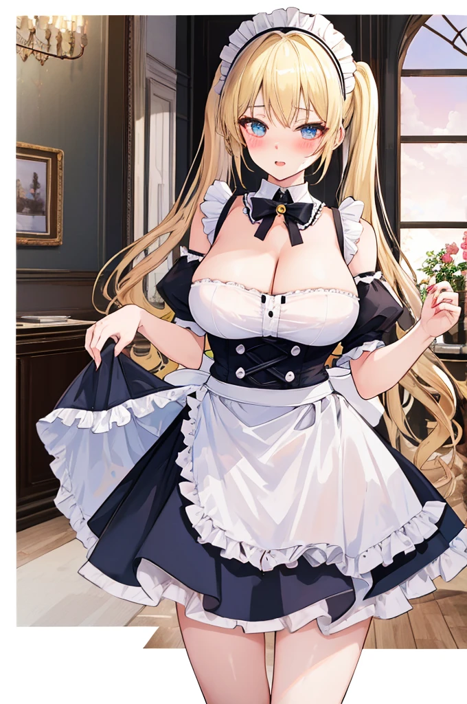 A woman with big ,Gorgeous woman,Mature,ahegao,Long blond hair,twintails,Exquisite,((transparent)),Maid costume,sky blue,Off-shoulder,Cleavage,Leakage,Slim waist,pubic,Smooth legs,blush,ta,Maid coffee shop,