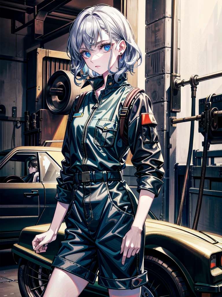 whole body, (mechanic's jumpsuit), absurdres, RAW photo, extremely delicate and beautiful, masterpiece, Best Quality, ultra high resolution, 32k, hyperrealistic, ultra-detailed, detailed description, pale skin, 20 years old, detailed beautiful face and eyes, tearful mole, earring, short medium hair, wavy hair, shorts, long sleeve,