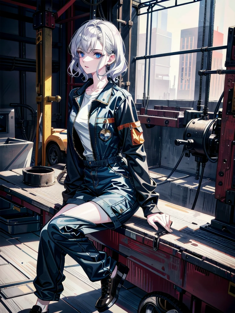 whole body, (mechanic's jumpsuit), absurdres, RAW photo, extremely delicate and beautiful, masterpiece, Best Quality, ultra high resolution, 32k, hyperrealistic, ultra-detailed, detailed description, pale skin, 20 years old, detailed beautiful face and eyes, tearful mole, earring, short medium hair, wavy hair, shorts, long sleeve,