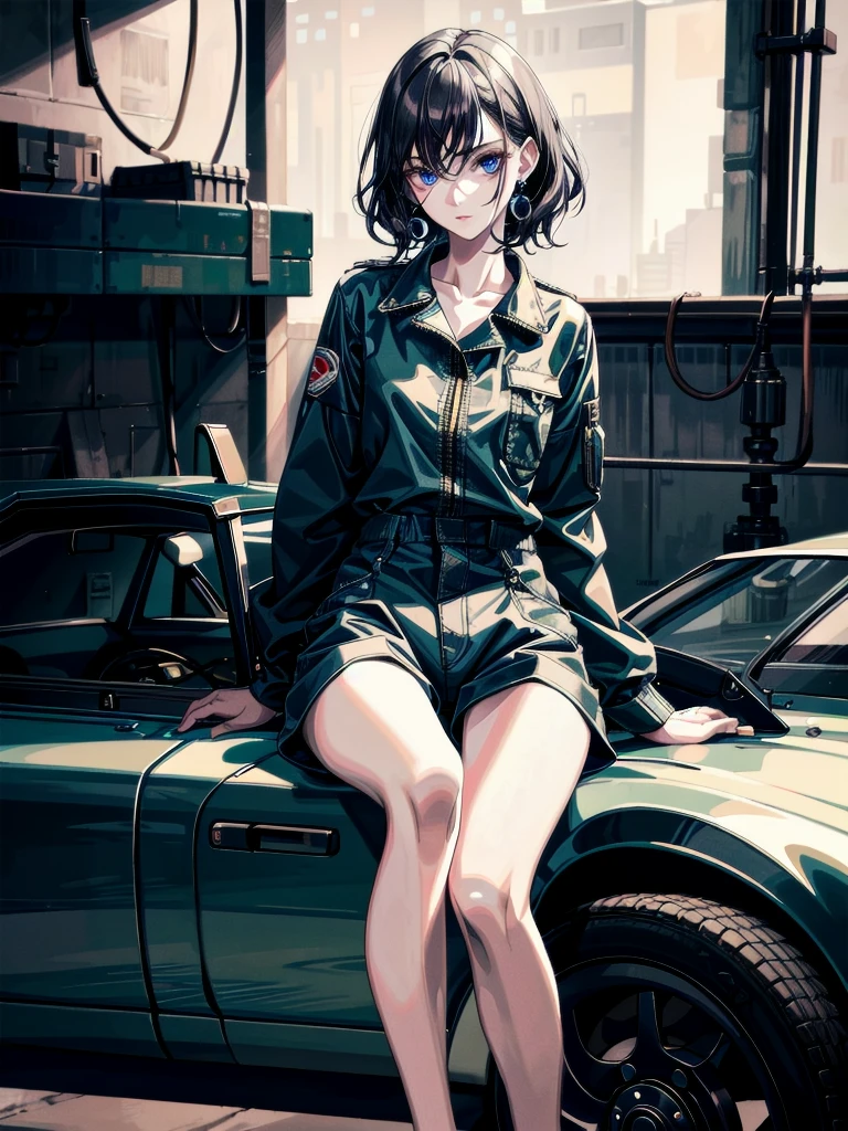whole body, (mechanic's jumpsuit), absurdres, RAW photo, extremely delicate and beautiful, masterpiece, Best Quality, ultra high resolution, 32k, hyperrealistic, ultra-detailed, detailed description, pale skin, 20 years old, detailed beautiful face and eyes, tearful mole, earring, short medium hair, wavy hair, shorts, long sleeve,
