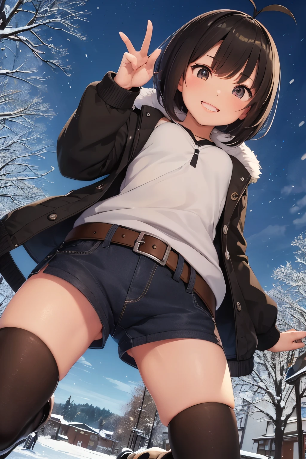 Cheerful female college student、smile、Look at the direction、Thick eyebrows、Hanging eyes、black hair、short hair、Jacket with fur(black)、hot pants(gray)、boots with buckles(Brown)、(Flat Brown)、Promenade、Snow Scene、Snowfall、Angle from below right
