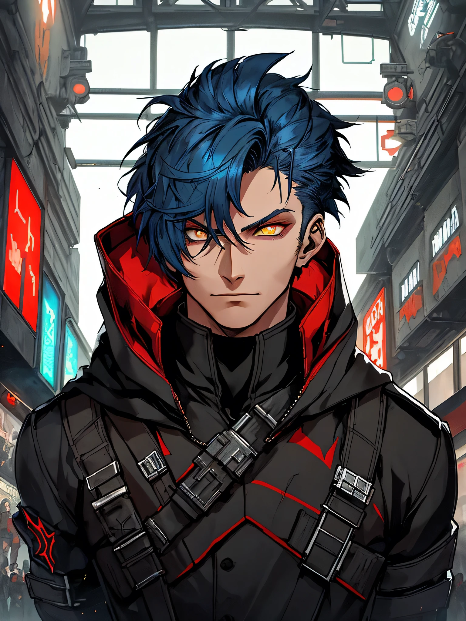 Inquisitor. MALE. Gloomy portrait of Evil Red Hood from DC with intricate angular inside a brutalist building, gothic brutalist cathedral, cyberpunk, short hair, military haircut, cobalt blue hair, yellow eyes, ((SITH EYE'S)) award-winning photo, bokeh, neon lights, star wars city. dark.