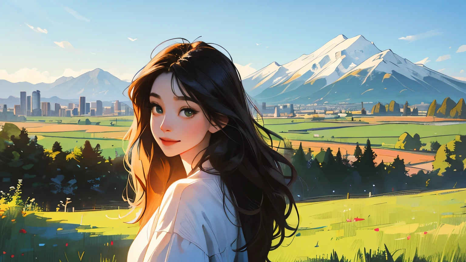 Best quality, ultra-detailed, realistic masterpiece depicting a beautiful girl with long black hair. She is portrayed with a happy expression, captivating viewers with her detailed and realistic eyes. The scene is set outdoors in the morning, with a soft green landscape surrounding the girl. In the distance, a vibrant cityscape adorned with sky blue colors and majestic mountains can be seen. The girl is looking directly at the viewer, establishing a connection. The painting exudes a sense of tranquility and serenity, with every detail meticulously crafted to perfection.