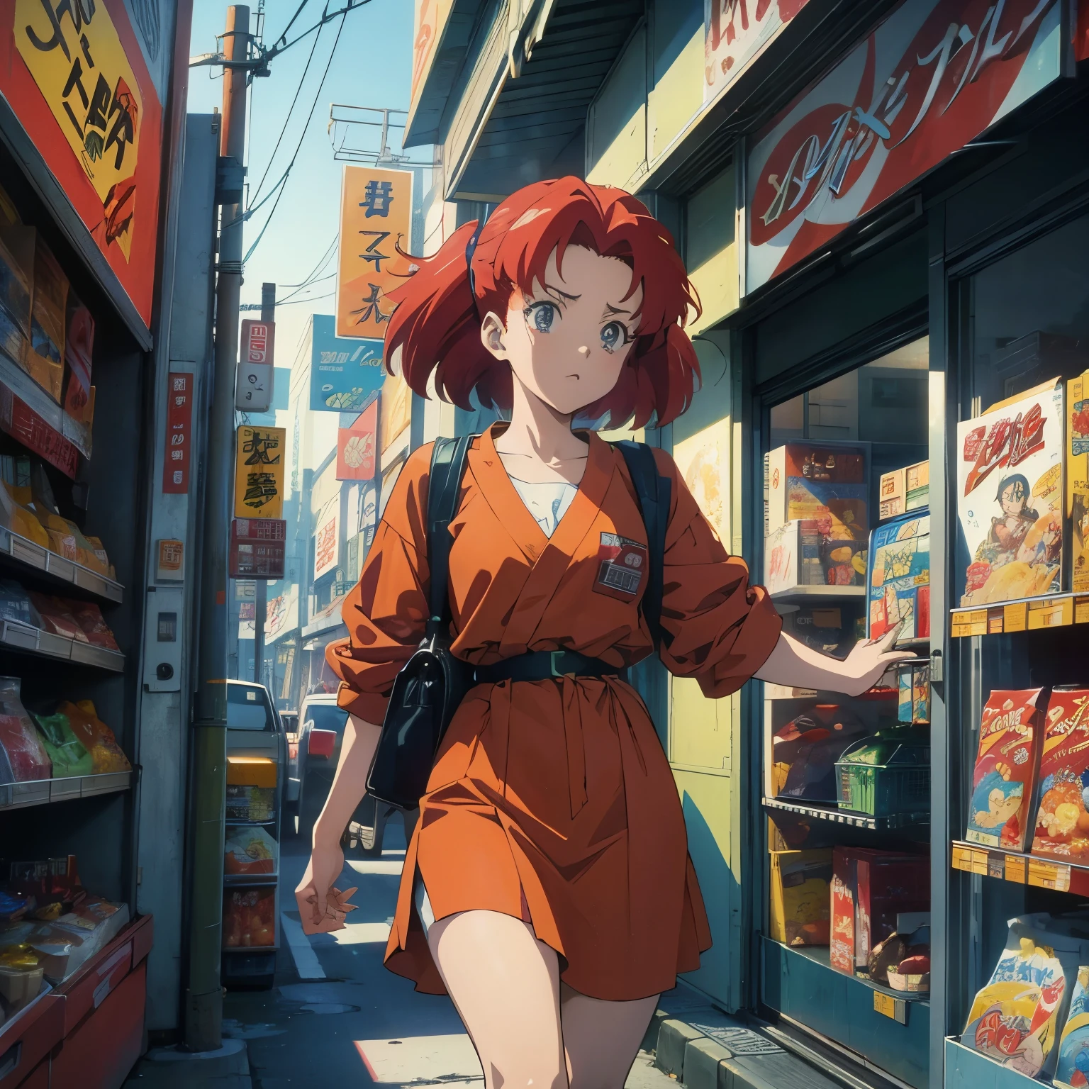 Vintage anime screenshot from Akira, 90’s anime. Vibrant maximalism. A woman stealing from a convenience store.