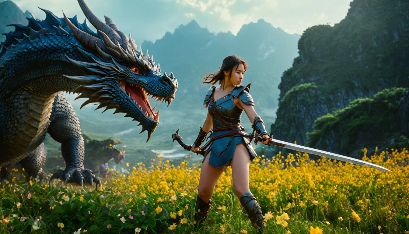 8K raw photo, Best quality, masterpiece, ultra high resolution, film grain, filmg, 1girl warrior fight to dragon, looking at viewer, natural skin texture, realistic eye, tall female,, solo, cleavage, beautiful nature location, around flower location, (detailed background),Have sword, her forward a monster standing, girl looking back to viewer