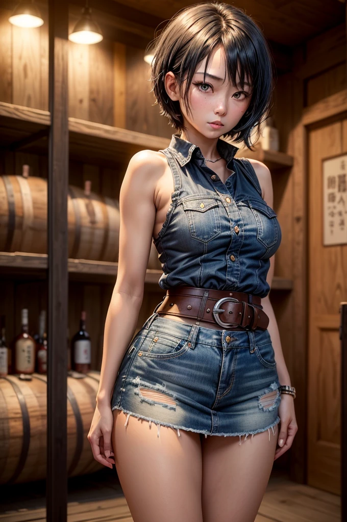 One 27-year-old girl, ((alone:1.5)),Black Short Hair,Gunfighter costume,gun belt,watch, Sleeveless collared shirt:1.8,Denim mini skirt:1.8,Ten-gallon hat, Blushing:1.2, Perfect light, 8k, masterpiece:1.2, Very detailed, Realistic:1.37, Full HD, Underground sake cellar,(Front shot:1.3),(Are standing),((Drinking whiskey)),((Being drunk:1.0))