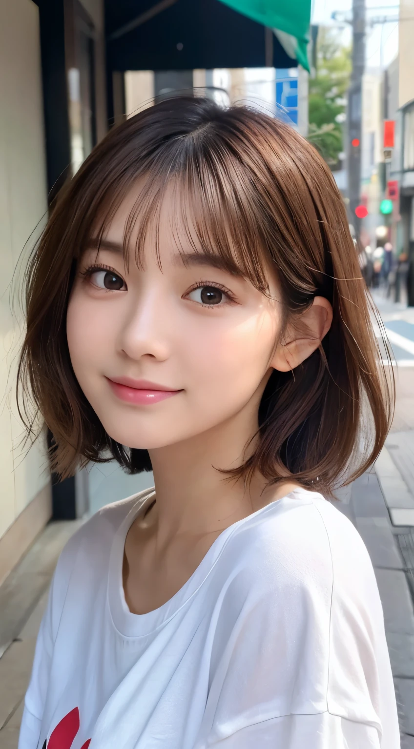 (highest quality,8K quality,masterpiece:1.3,),(超A high resolution:1.3,Photorealistic:1.4,Raw photo:1.2),(Ultra-detailed:1.2,Glowing Skin,Detailed skin:1.1),(Detailed face,Perfect Anatomy,Caustics:1.2), (Symmetrical eyes:1.3),1 girl,cute,Japanese,22 years old,Japanese Ido,Natural brown hair,Short hair curled outwards,cute目,Natural Makeup,Oversized T-shirt,Laughter,Looking at the camera,On the face,Face Focus,Street Corner,Professional Writing,Natural soft light,