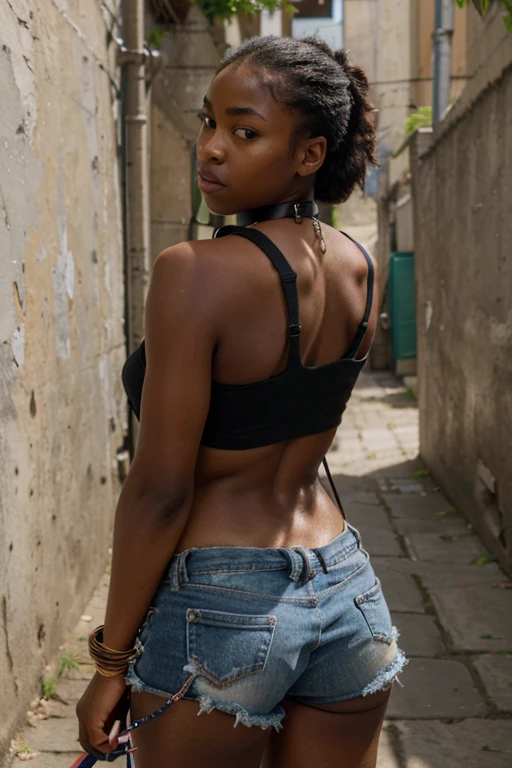 ((best quality)), ((masterpiece)), (detailed), perfect face, realistic proportions, young, nubile, black girl, large ass, wearing ripped croptop and jean shorts, wearing collar and leash, leashed to a wall, hands behind head, standing in an alley, tribal