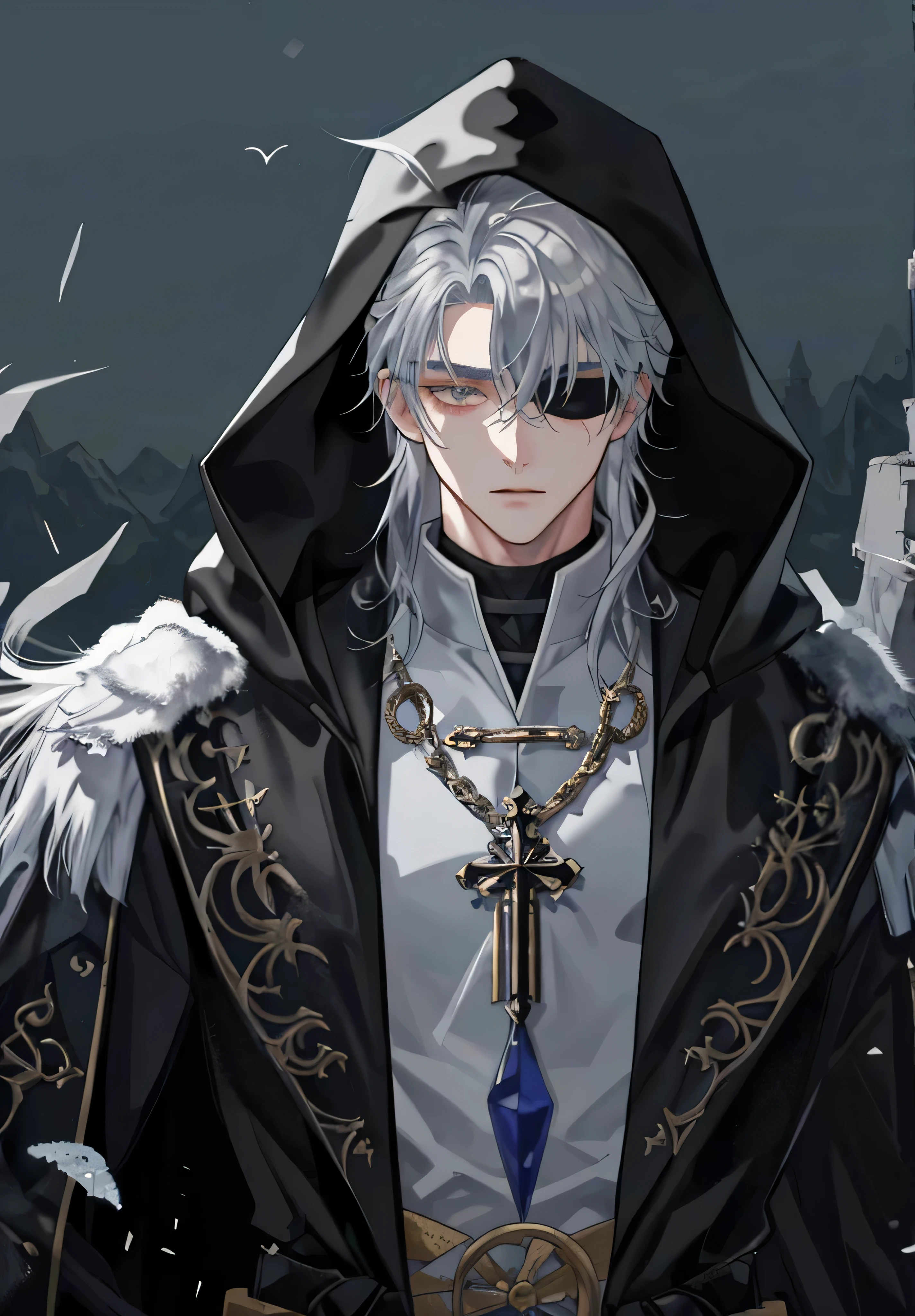 Wear a hood to cover your eyes，unholy，24 years of age, lean full muscles, Upper body only, waist up only, Silvery-white mullet head，Black snake，cold environment，A sense of mystery, Black robes，Cloth robeuscular, Tight body, Tight muscles, hyper colorful,mtu，Heteropupil
