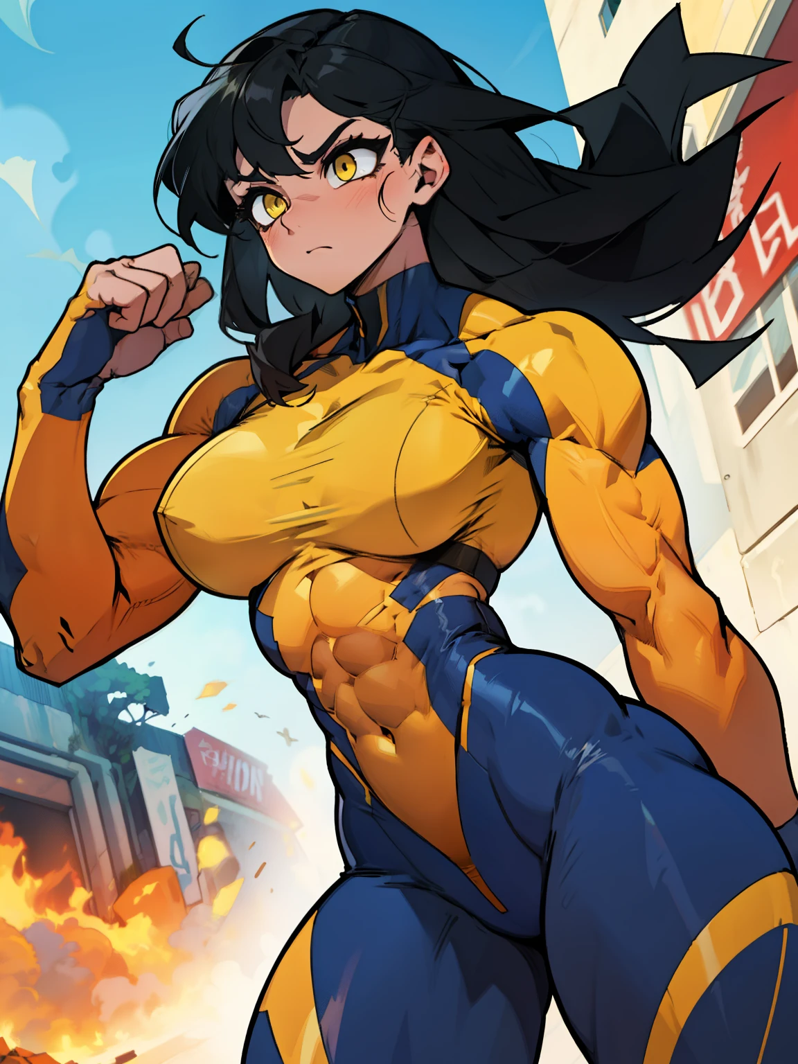 wide hips curvy thick thighs voluptuous large breasts muscular toned body black hair pale skin yellow eyes skintight suit expressionless sad thick thick thick extremely long hair