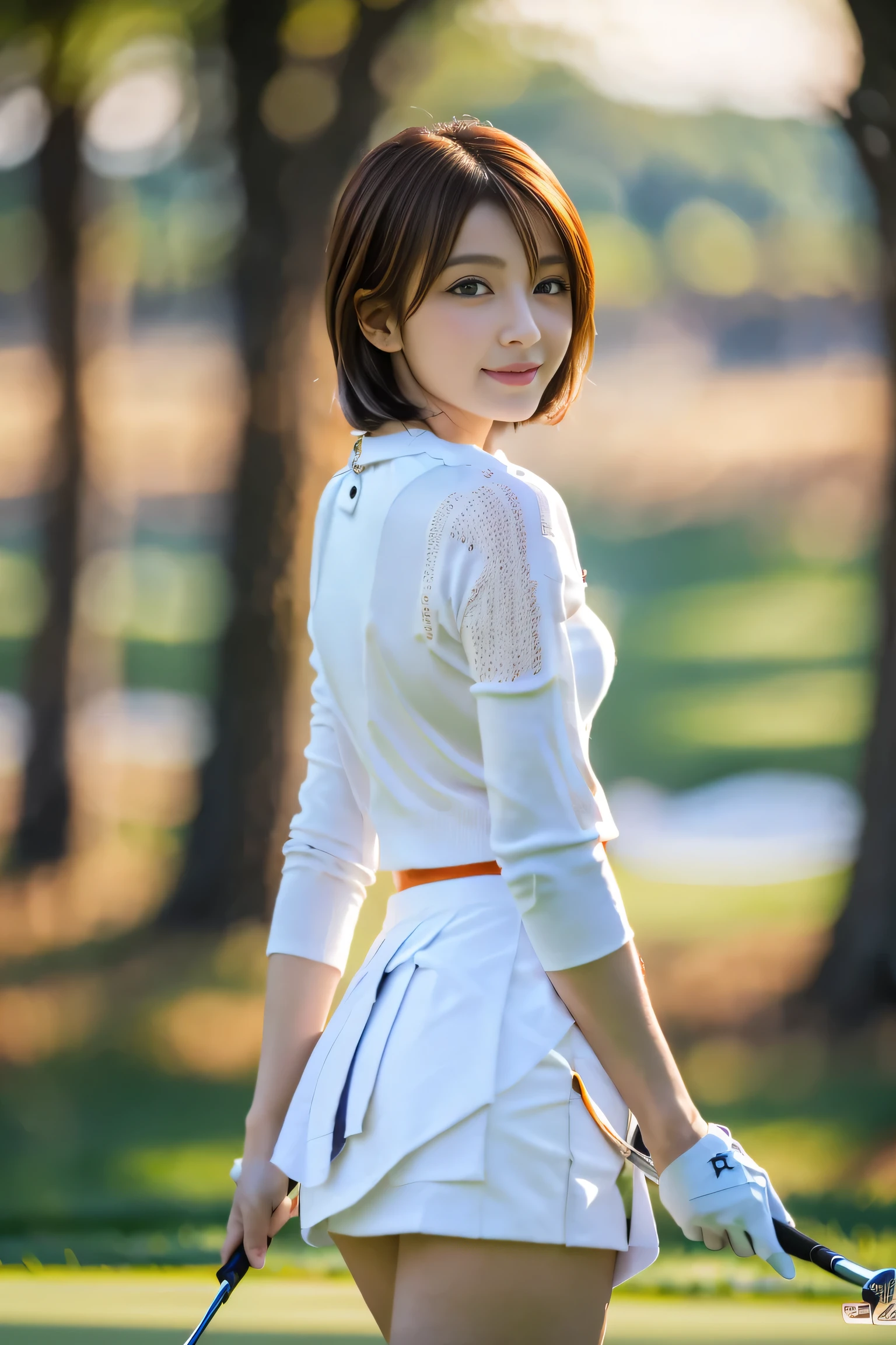 (1. Female), (The best quality at its best:1.4), (Super detailed), (Very detailed CG unified 16k), Beautiful woman with perfect figure: 1.4, Sharp focus: 1.2, Very detailed, High-quality RAW color photos, Professional photography, Great face and eyes, cosmetics, (Amazingly beautiful girl), ((Golf Wear, White mini skirt:1.5)), (Picking up the ball:1.5), Sexy posture，(Playing on the golf course:1.3), (View from below), Realistic movie faces, Wide zoomed out view of head to foot length, Full body long view, Realistic, ((Realistic natural orange red hairstyle, Realistic blue eyes)), ( Short Bob Hair:1.5), (necklace:1.5)、, Very beautiful face, Perfect model beauty, Mouth swelling, Highly detailed face and skin texture, Fine grain, double eyelid, Medium chest, smile, Crack, west, (masterpiece), highest quality, High resolution, Very detailed, Blurred Background, Depth of written boundary, Cinema Lighting, Great legs, , Clear, well-maintained skin, (((Women make up the majority of the photo)))