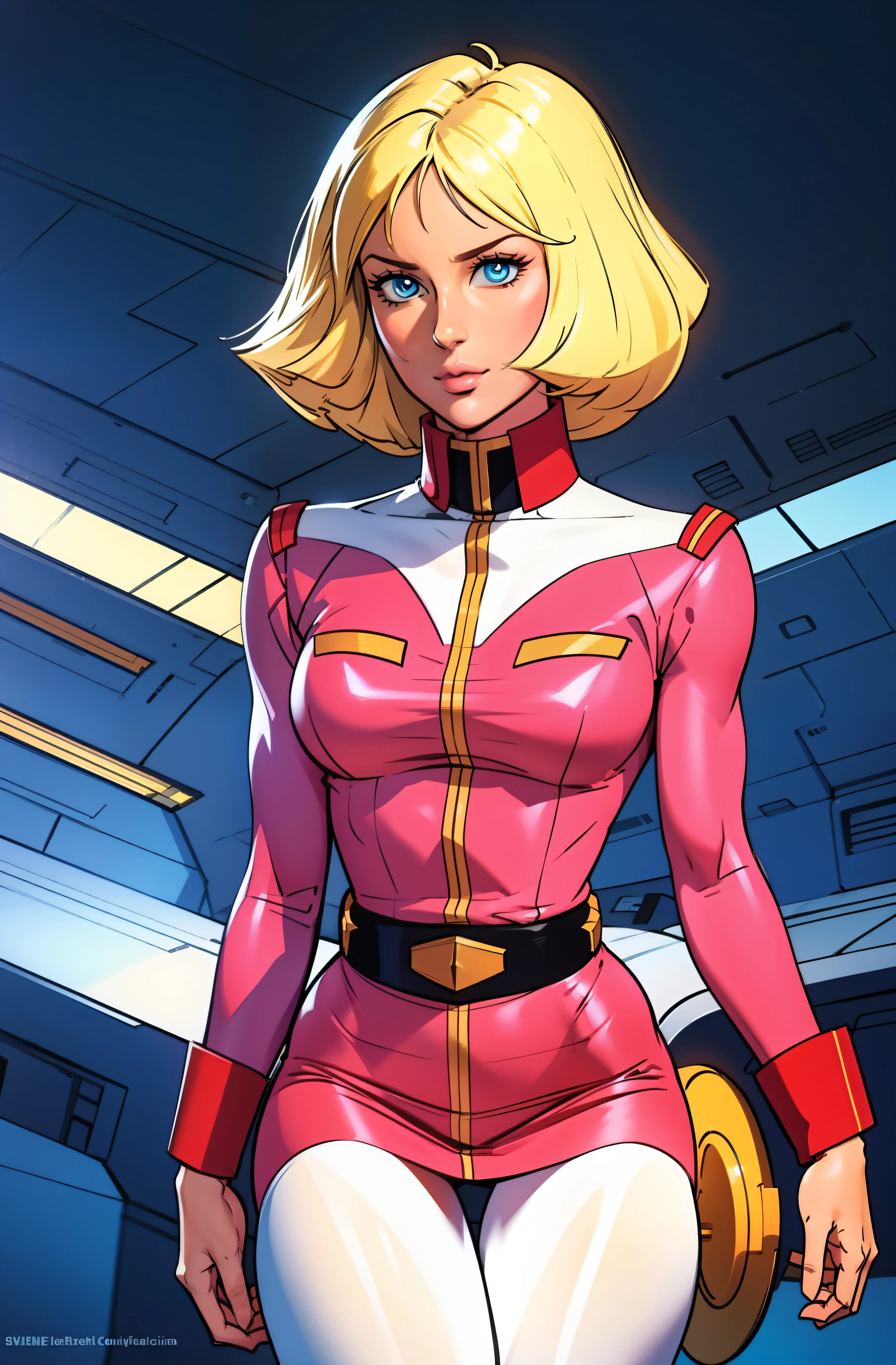 ((masterpiece)), ((cinematic lighting)), realistic photo、Real Images、Top image quality、1girl in, sayla mass, Elegant, masterpiece, Convoluted, slim arms, wide hips, thick thighs, thigh gaps, Best Quality, absurderes, high face detail, Perfect eyes, mature, Cowboy Shot, , Vibrant colors, soft pink uniform, soft pink Skirt, white tights