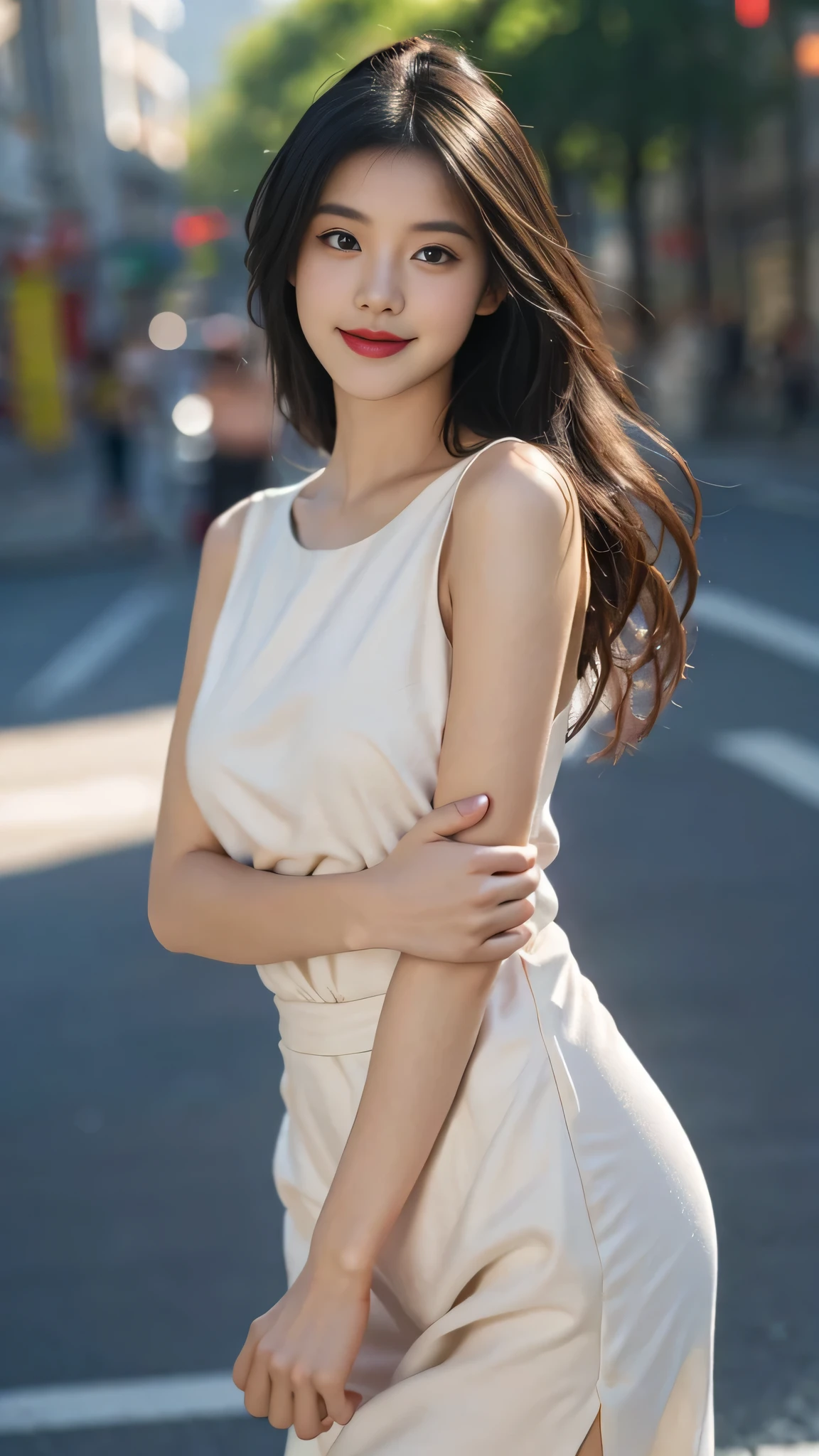 A perfect young female, Chinese,High picture quality,Works of masters,Black hair,Long hair flowing over the shoulders,Blured background, Real Human,CG rendering,16k,depth of field, movie light, Ray tracing, Stand up, smiles,Do not show your hands,Close-up shot