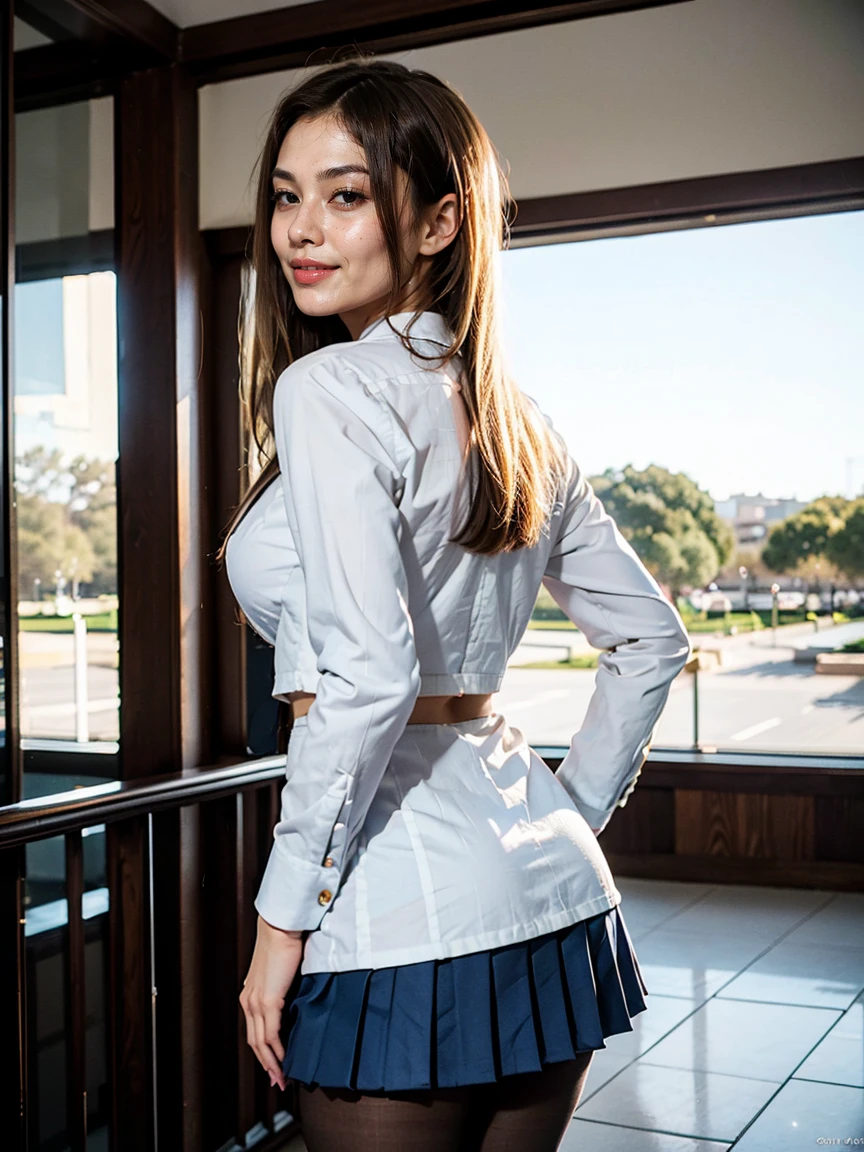 (1 lady), (Best quality at best:1.4), (ultra - detailed), (extremely detailed CG unified 16k), A Beautiful Woman with Perfect Figure: 1.4, Sharp Focus: 1.2, very detailed, High-definition RAW color photo, professional photoshooting, amazing face and eyes, cosmetics, (amazingly beautiful girl), ((jksatoko)), ((scho0l uniform, blue pleated skirt, white shirt, gray blazer, black pantyhose)), standing, sexyposture，outside oriental temple, tree, nature, (look from down), realistic cinematic face, head to feet long wide zoomed out view, full body long view, photorealistic, ((realistic natural blonde hair style, violet eyes, pure golden blonde yellow hair)), gorgeous, extremely beautiful face, perfect model beauty, pout mouth, Highly Detailed Face and Skin Texture, Detailed Eyes, Double Eyelids, Medium Natural Breasts, Smile, flirting smile, laughing hard, cleavages, western, (masterpiece), best quality, high resolution, extremely detailed, blurred background, depth of field, cinematic lighting, amazing legs, high heels, clear and well-cared skin, from behind, nice big ass