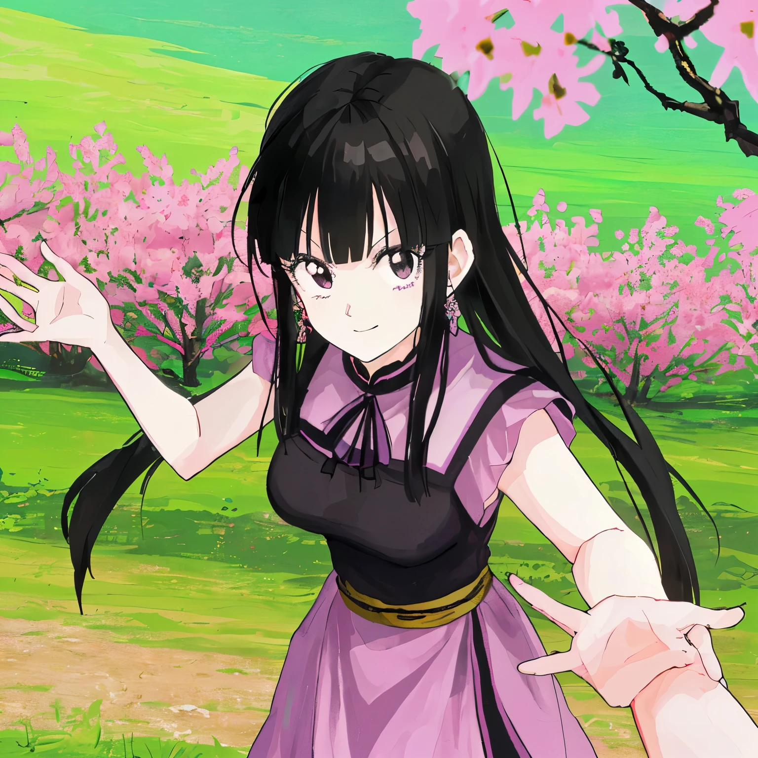 (Make a woman with straight, black hair that is short to her shoulders.) (The pose: Let her have a fighter's pose.) (Breasts: Let them be normal, not so exaggerated.) (Her facial expression : That he has a challenging look, with a nice smile.) (Type of setting: That he is in a beautiful field full of pink flowers.)