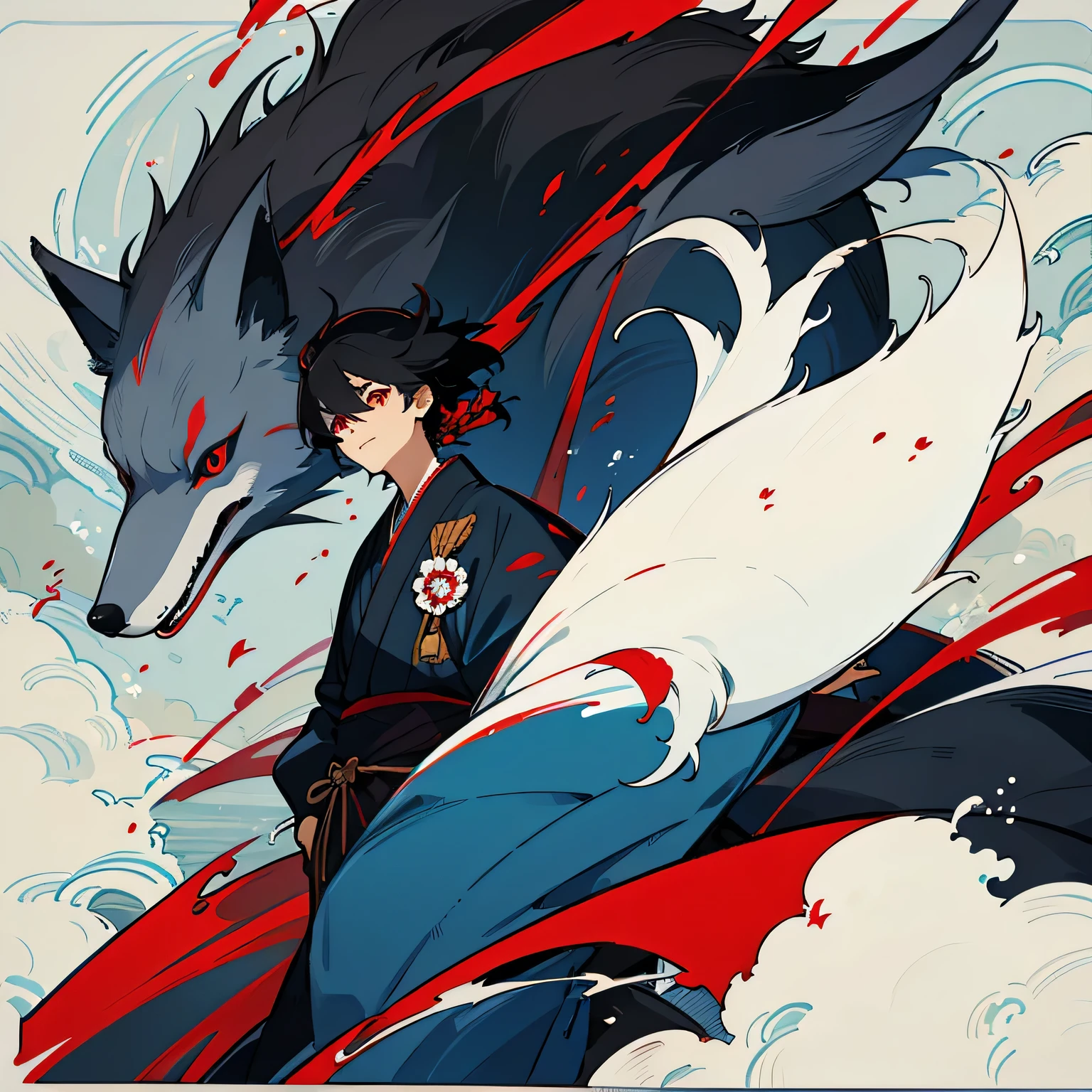 A man with black hair, red eyes, wearing Japanese style clothes. There is a blue fox floating to the left.