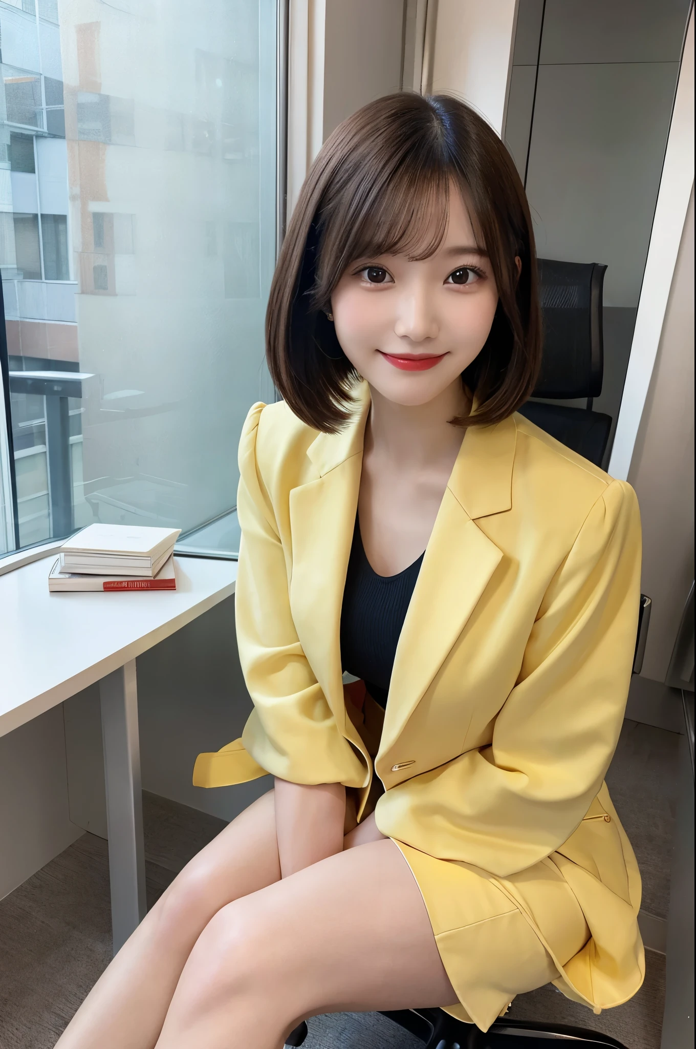 A begging woman、Very short hair、noon、window、Office chair、Meeting room background、Pale yellow jacket、Short skirt、beauty secretary、(Very large breasts、Very thin and long legs、Perfect figure、High heels、whole body、Big smile)、1 female、No makeup、17 years old、(masterpiece、8K,RAW Photos、High resolution:1.4)