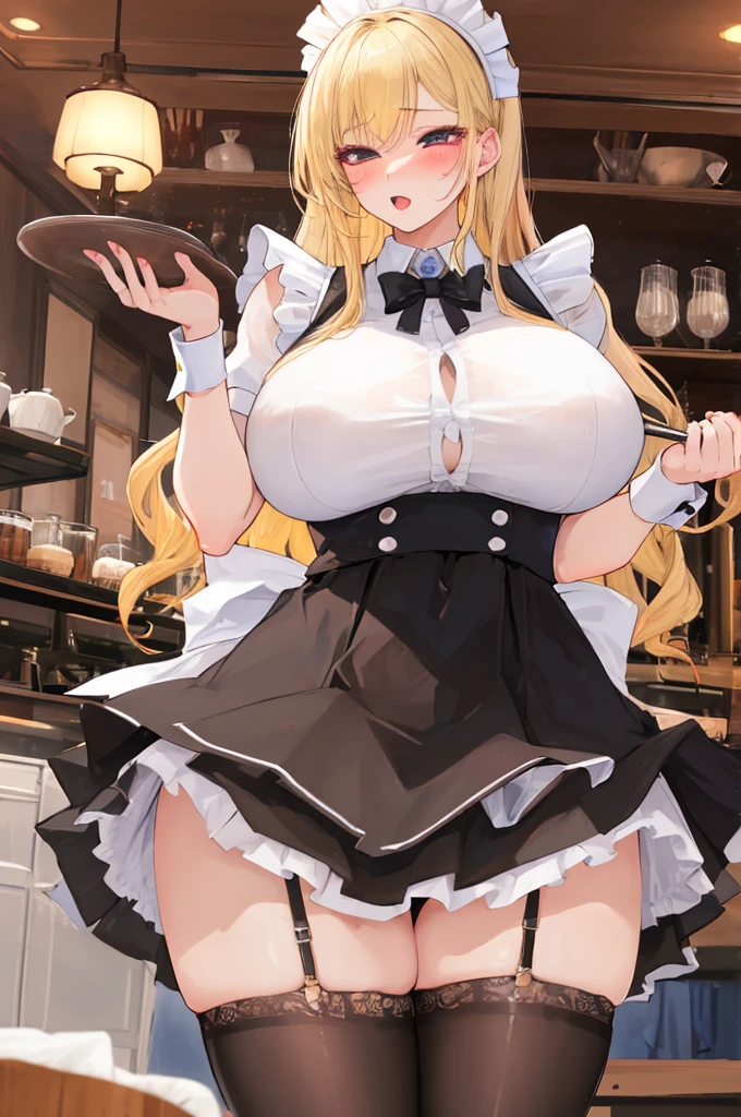 A woman with big ,Gorgeous woman,Mature,((ahegao)),Beautiful Wife,Long blond hair,Exquisite,Transparent shirt,maid,Slim waist,Showing belly,pubic,Smooth legs,blush,Maid coffee shop,