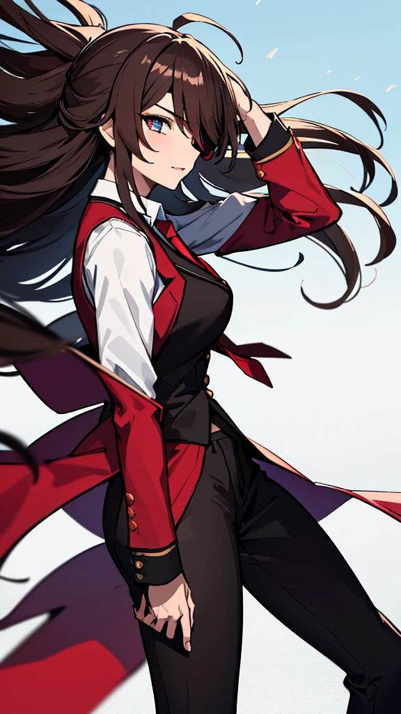 (absurdres, 8k, 4k, masterpiece, hyper extreme detailed:1.2), solo, 1girl, front view portrait, best quality, expressive eyes, perfect face, 1girl, portrait, solo, Female, mature female, adult, brown hair, eyepatch, long hair, pirate, cool, confident, perfect anatomy, messy hair, wild hair, snowy, day time, white sky, cowboy shot, full body, perfect anatomy, flowing hair, windy hair, wind, beidoudef, beidournd, formal wear, front view, looking forward, toned body, muscular, athletic, flexible, strong, large bust, suit pants, suit jacket, vest, dress shirt, red tie, dark red blazer,