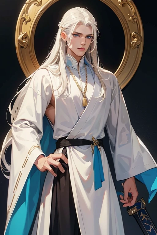 A tall, handsome, courageous, athletic young man, long hair, platinum blond with blue eyes, tanned skin, he has long straight platinum hair, he is dressed in the clothes of Arab sheikhs (white bisht, on his head he has a gutra and a yigal). A scabbard bolt is attached to his belt, and one hand rests on the hilt of a sword. Masterpiece, detailed study of the face, beautiful face, beautiful facial features, perfect image, realistic shots, detailed study of faces, full-length image, 8k, detailed image, extremely detailed illustration, a real masterpiece of the highest quality, with careful drawing.