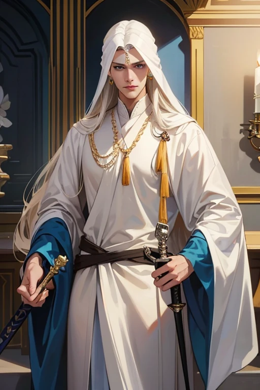 A tall, handsome, courageous, athletic young man, long hair, platinum blond with blue eyes, tanned skin, he has long straight platinum hair, he is dressed in the clothes of Arab sheikhs (white bisht, on his head he has a gutra and a yigal). A scabbard bolt is attached to his belt, and one hand rests on the hilt of a sword. Masterpiece, detailed study of the face, beautiful face, beautiful facial features, perfect image, realistic shots, detailed study of faces, full-length image, 8k, detailed image, extremely detailed illustration, a real masterpiece of the highest quality, with careful drawing.