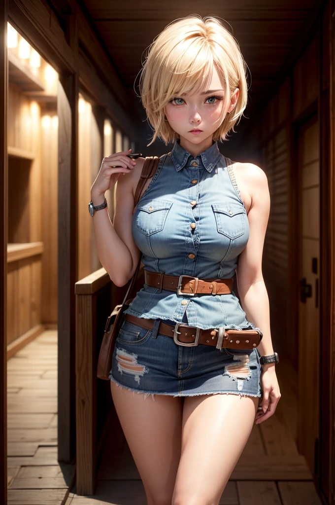 One 27-year-old girl, ((alone:1.5)),Blonde Short Hair,Gunfighter costume,gun belt,watch, Sleeveless collared shirt:1.8,Denim mini skirt:1.8,Ten-gallon hat, Blushing:1.2, Perfect light, 8k, masterpiece:1.2, Very detailed, Realistic:1.37, Full HD, Underground sake cellar,(Front shot:1.3),(Are standing),((Drinking whiskey)),((Being drunk:1.0))