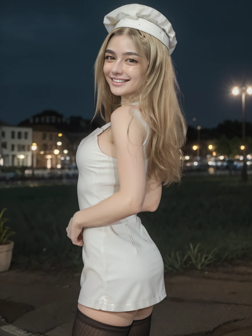 (1 lady), The beautiful, (Best quality at best:1.4), (ultra - detailed), (extremely detailed CG unified 16k), gold blonde hair, A Beautiful Woman with Perfect Figure: 1.4, Sharp Focus: 1.2, very detailed, High-definition RAW color photo, professional photoshooting, amazing face and eyes, cosmetics, (amazingly beautiful girl), ((Miyo, tall woman, taller)), ((nurse attire, nurse cap, thighhighs)), standing, sexyposture，(Stylish urban landscape, day light), (look from down), realistic cinematic face, head to feet long wide zoomed out view, full body long view, photorealistic, ((realistic natural blonde hair style, honey eyes)), gorgeous, extremely beautiful face, perfect model beauty, pout mouth, flirting smile, cleavages, city girl, western, (masterpiece),  best quality, high resolution, extremely detailed, detailed background, depth of field, cinematic lighting, amazing legs, clear and well-cared skin, big ass, round ass, athletic, big proportions body, looking at viewer, tarankaaa